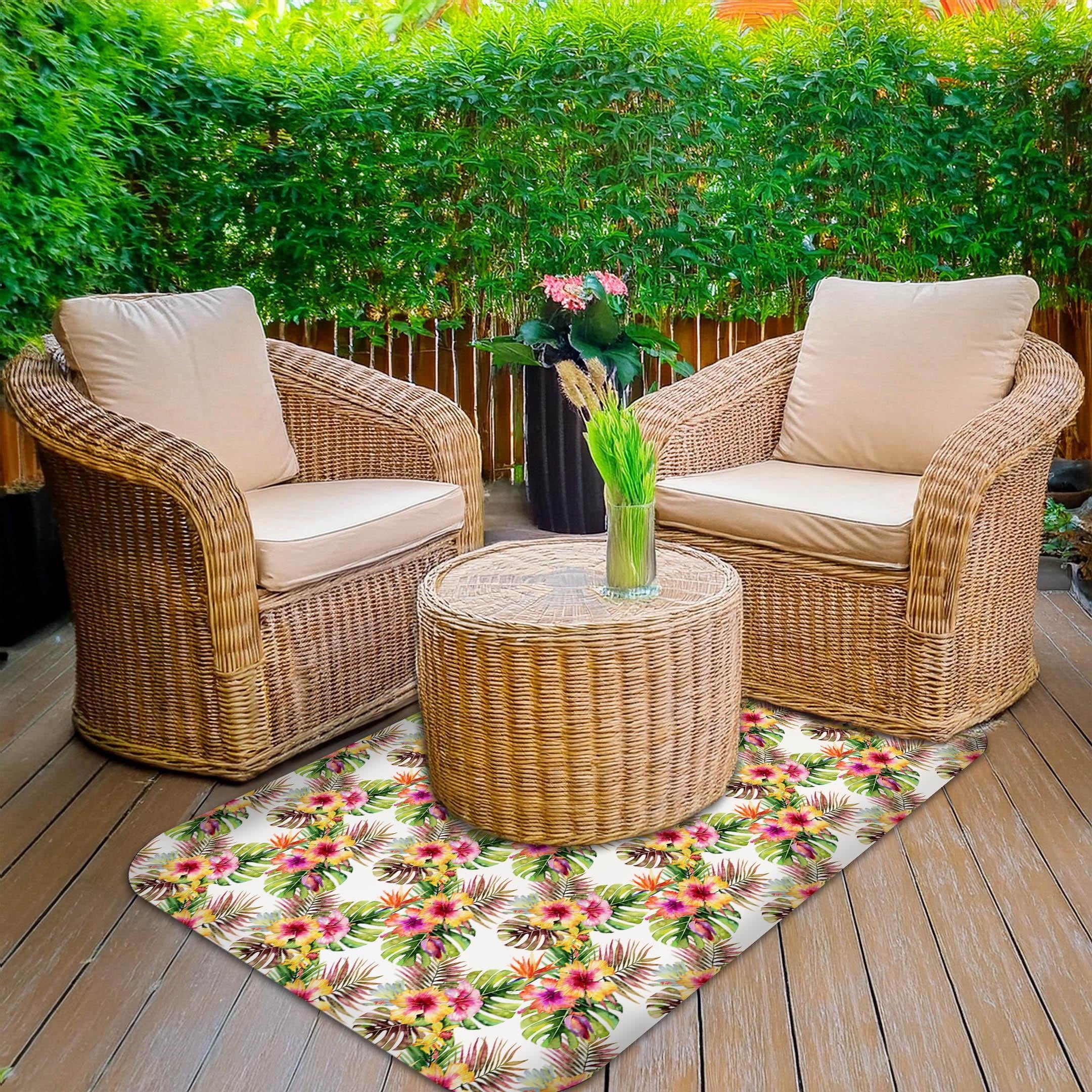 Wipeable office chair mat floor protector with tropical floral design
