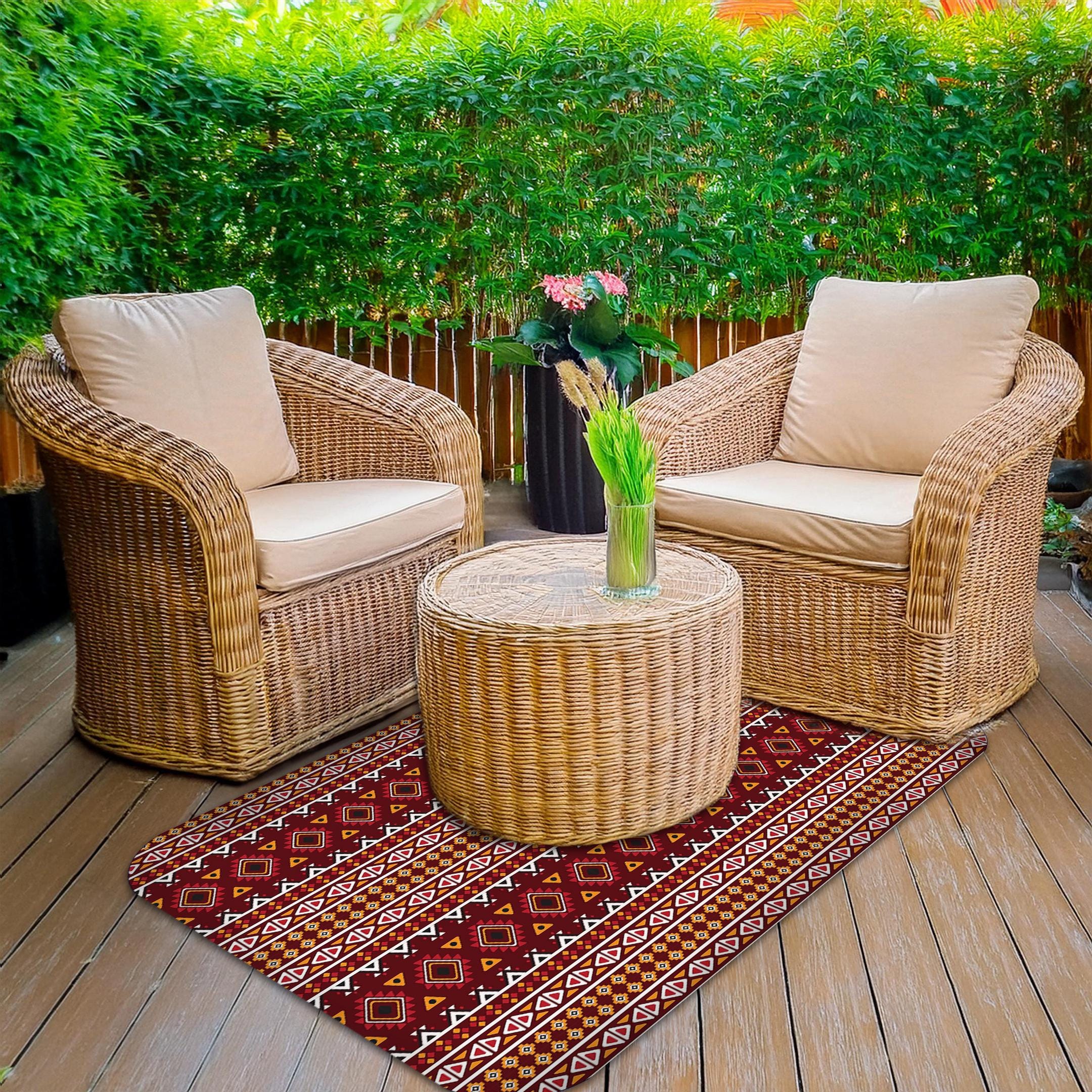 Wipeable office chair mat floor protector with red aztec design