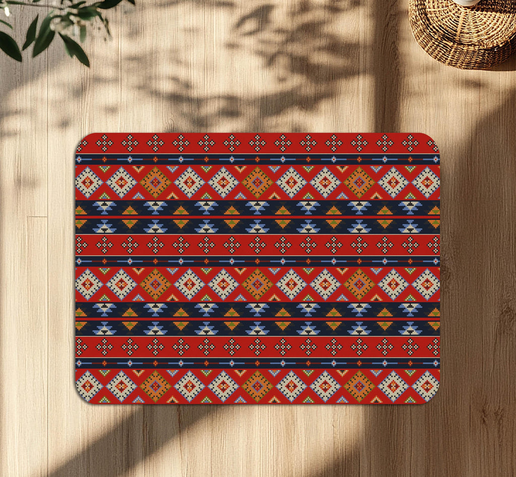 Decorative red southwestern office chair mat under desk