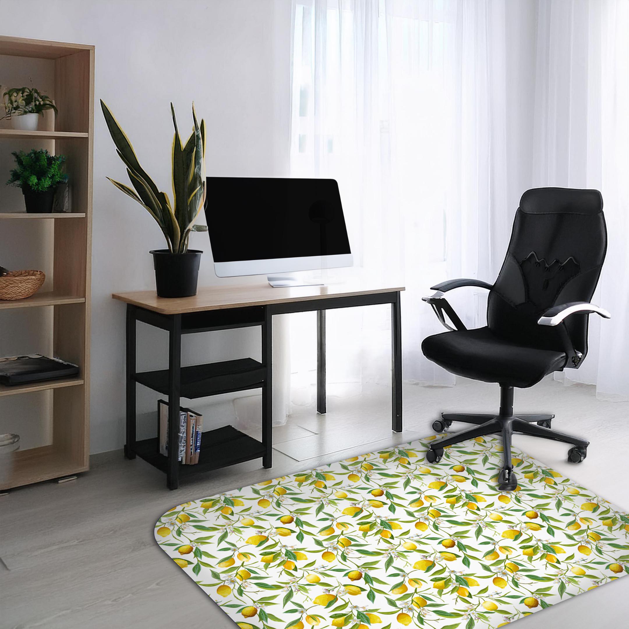 Wipeable office chair mat floor protector with floral lemon design