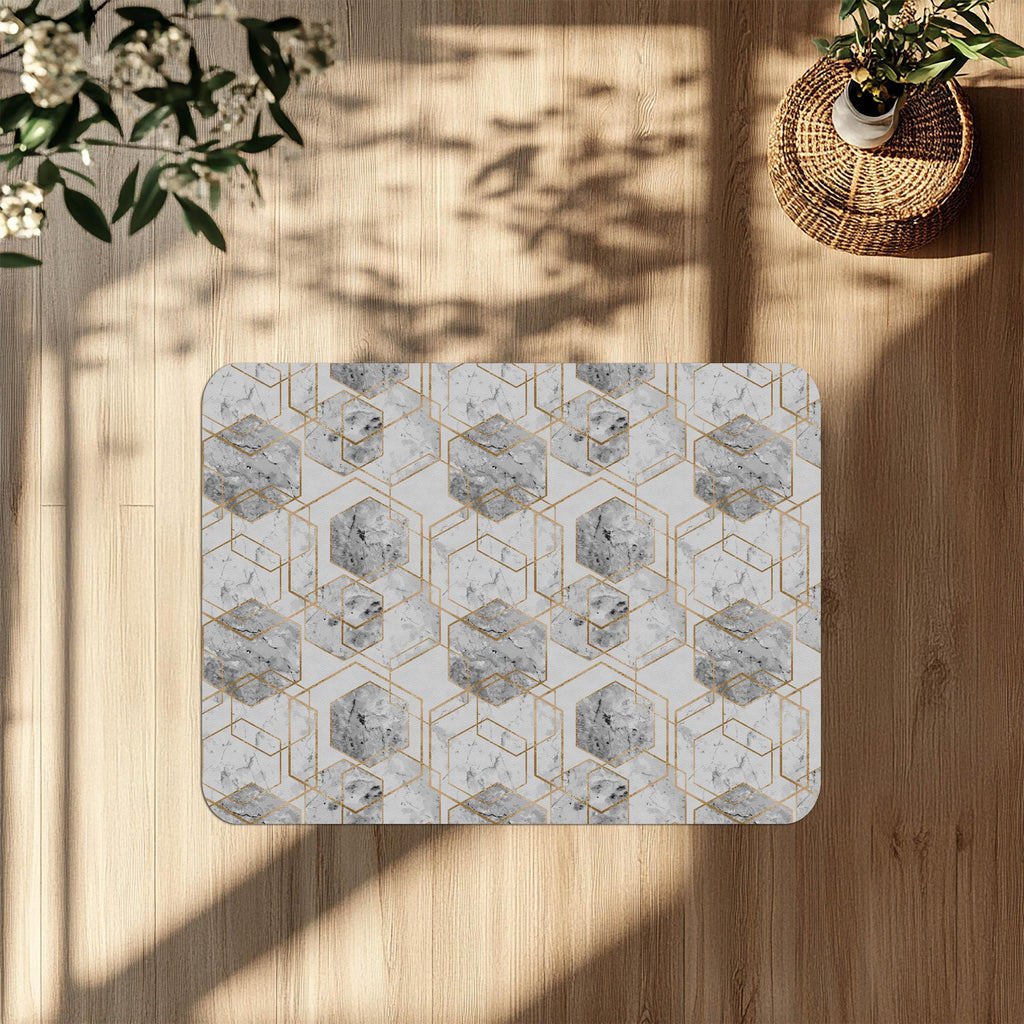 Wipeable office chair mat floor protector with marble gold design