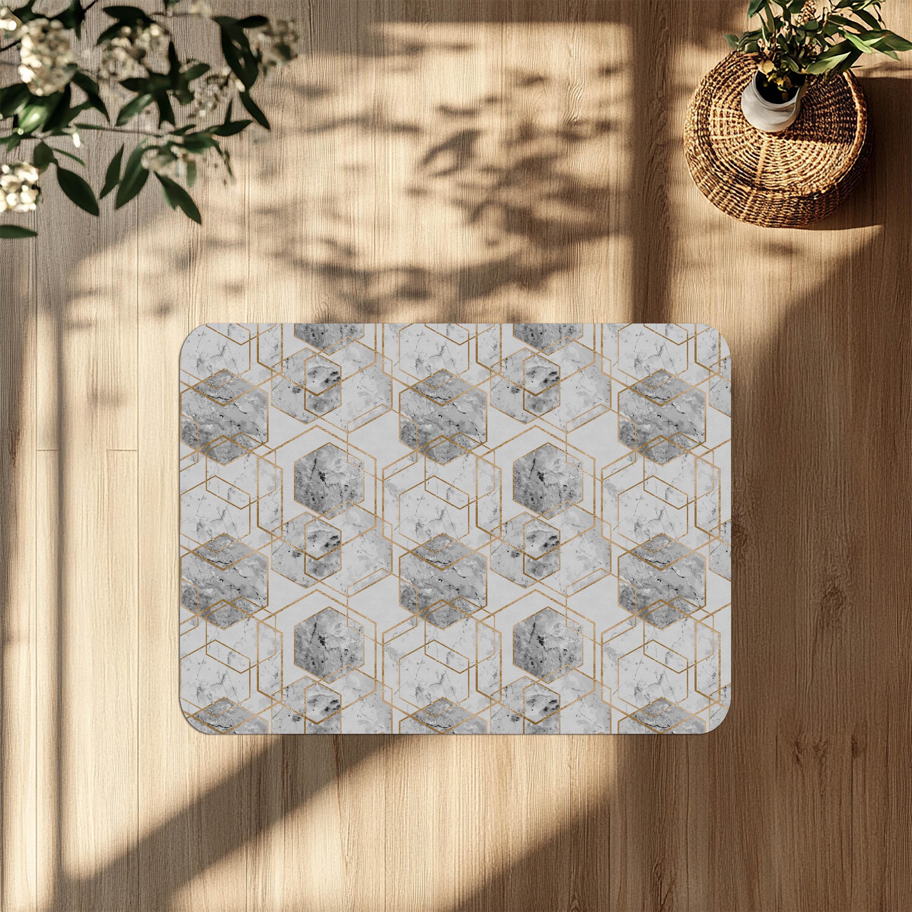 Wipeable office chair mat floor protector with gold marble design