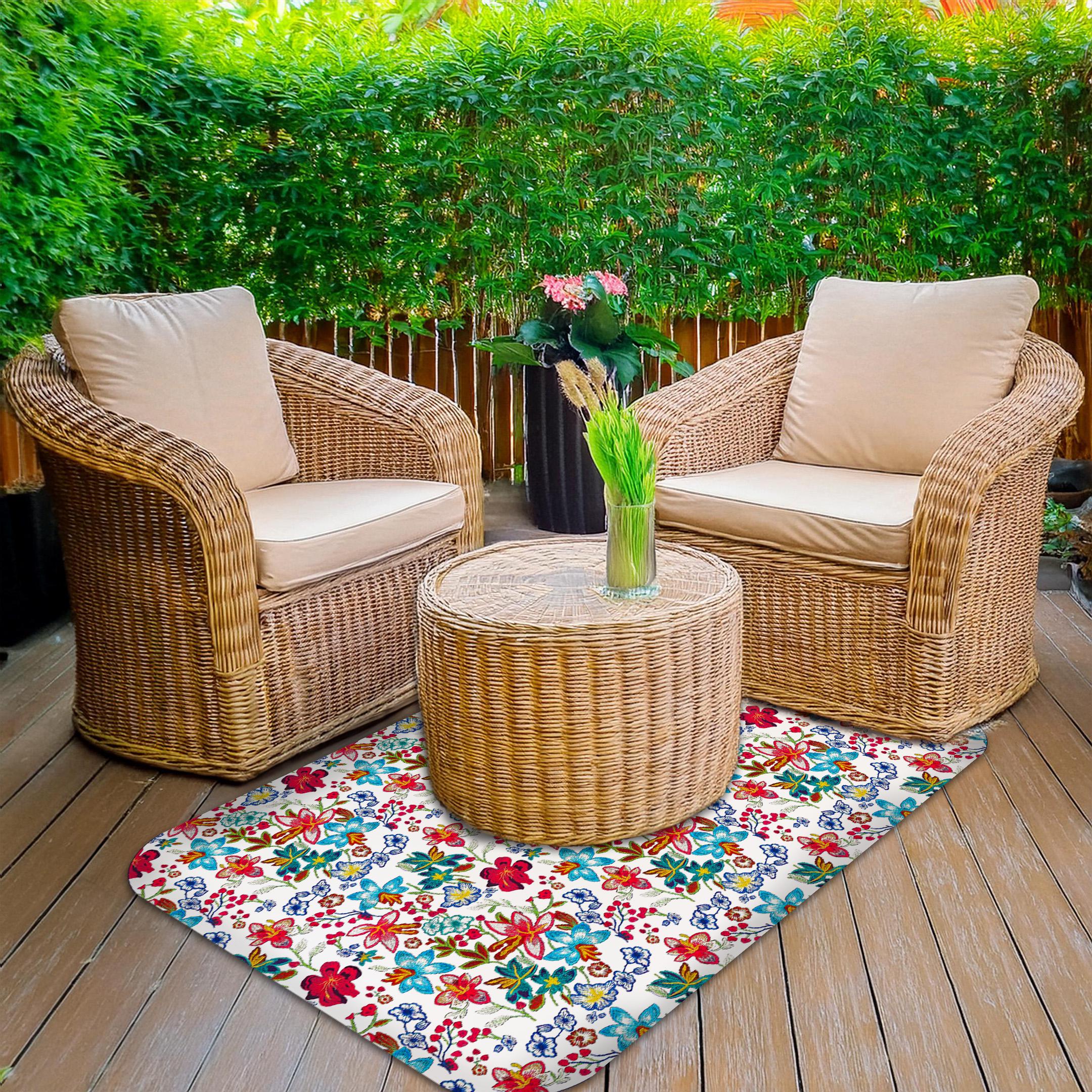 Wipeable office chair mat floor protector with colorful wildflower design