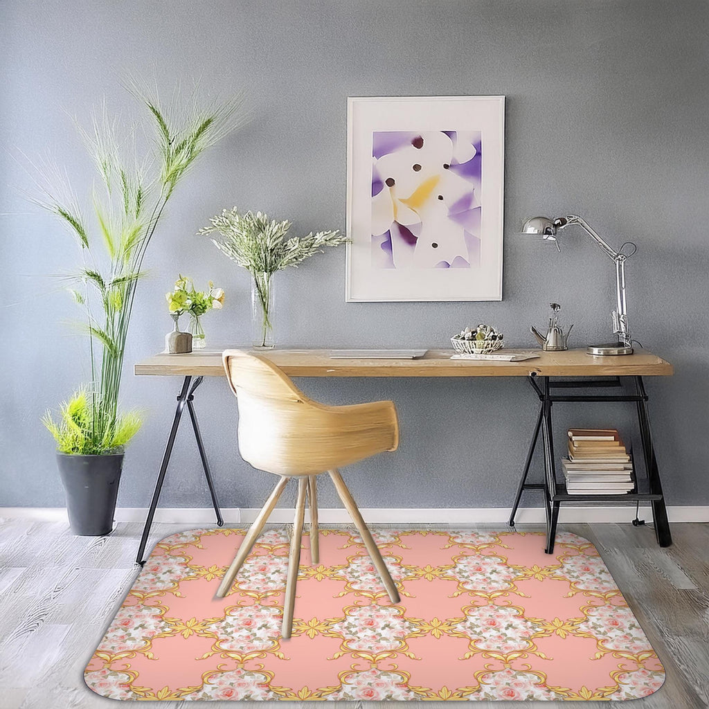 Wipeable office chair mat floor protector with pink & gold baroque design