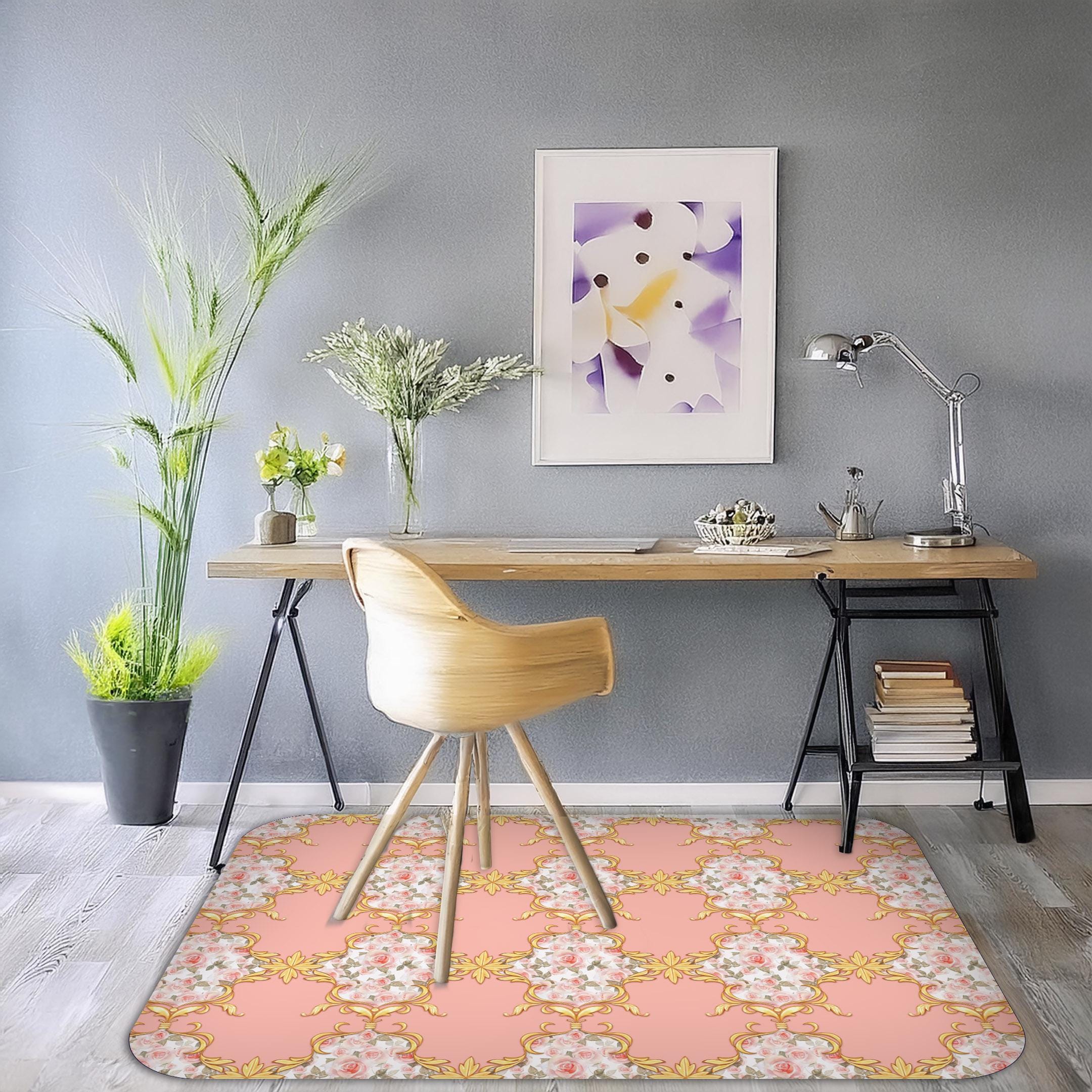 Wipeable office chair mat floor protector with pink & gold baroque design