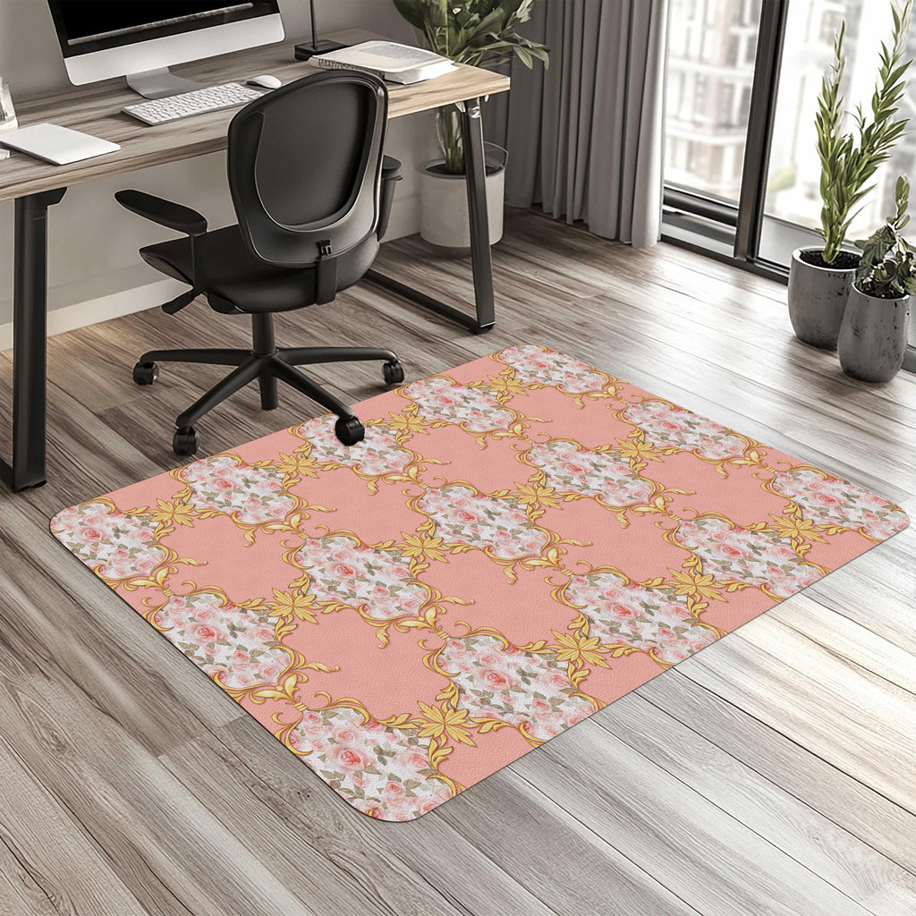 Decorative pink & gold baroque office chair mat under desk