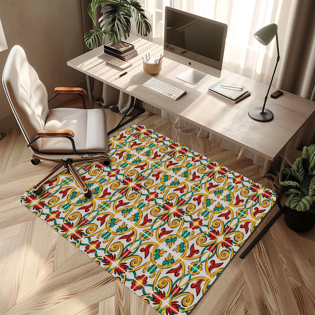 Wipeable office chair mat floor protector with sicilian carretto design