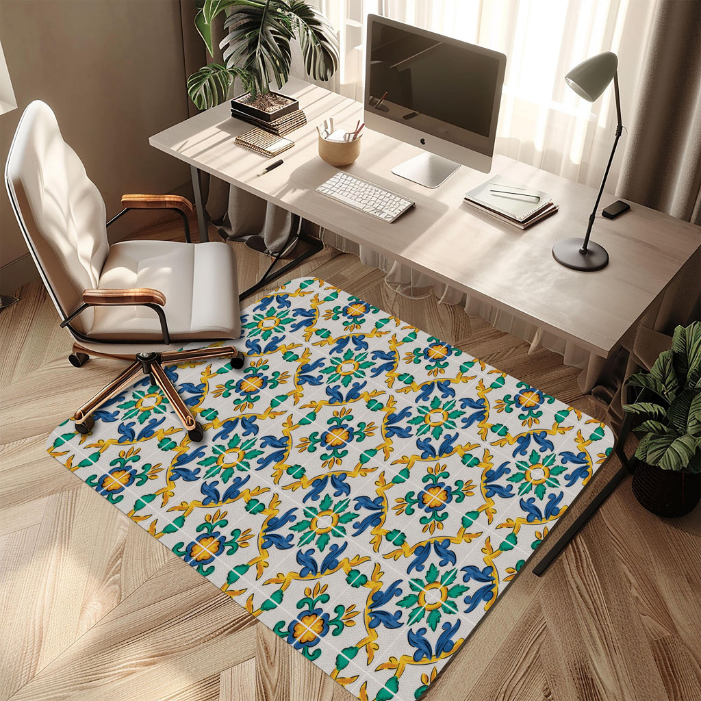 Wipeable office chair mat floor protector with sicilian carretto tile design