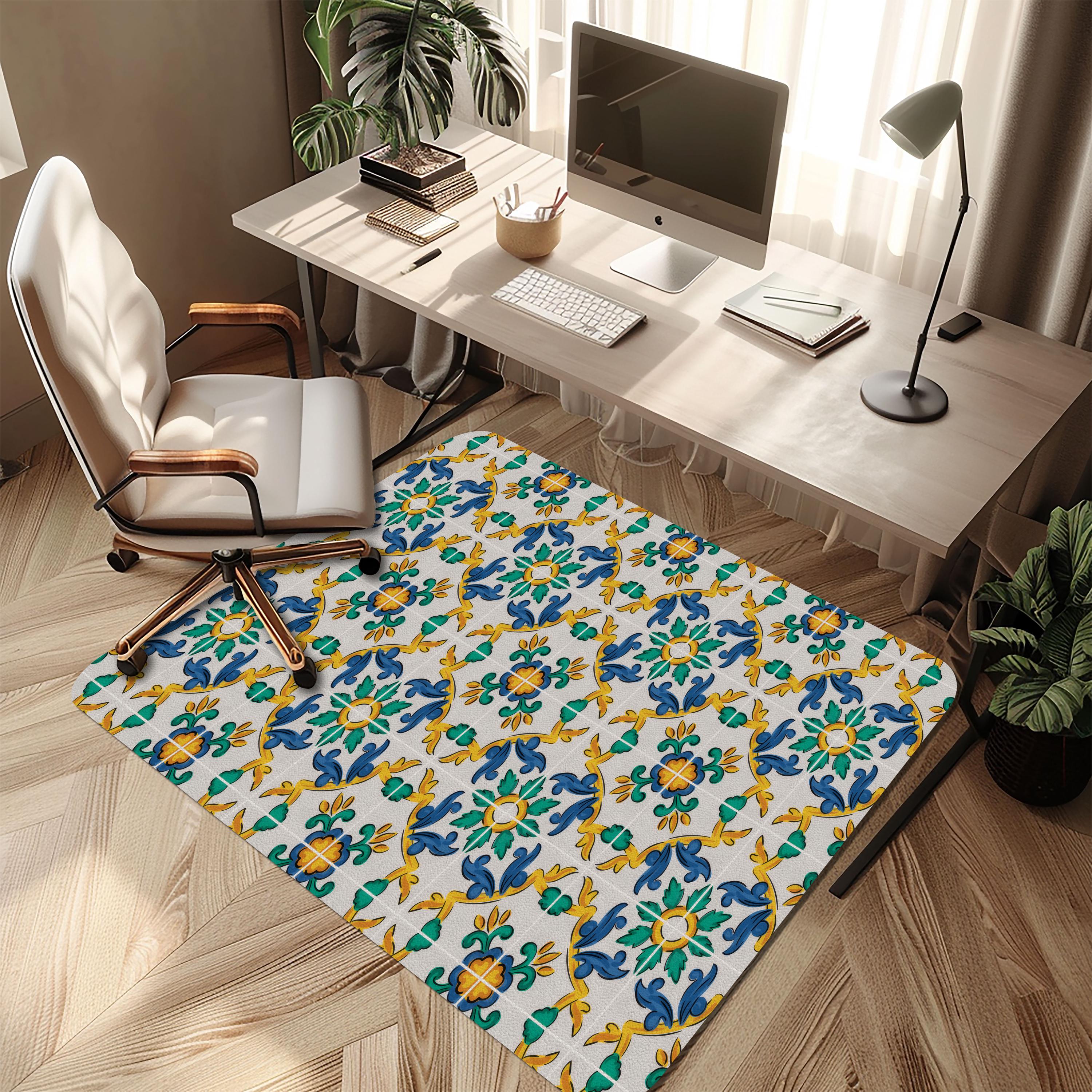 Wipeable office chair mat floor protector with sicilian carretto tile design