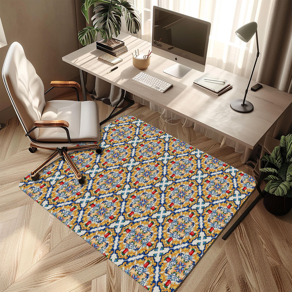 Wipeable office chair mat floor protector with sicilian tile design