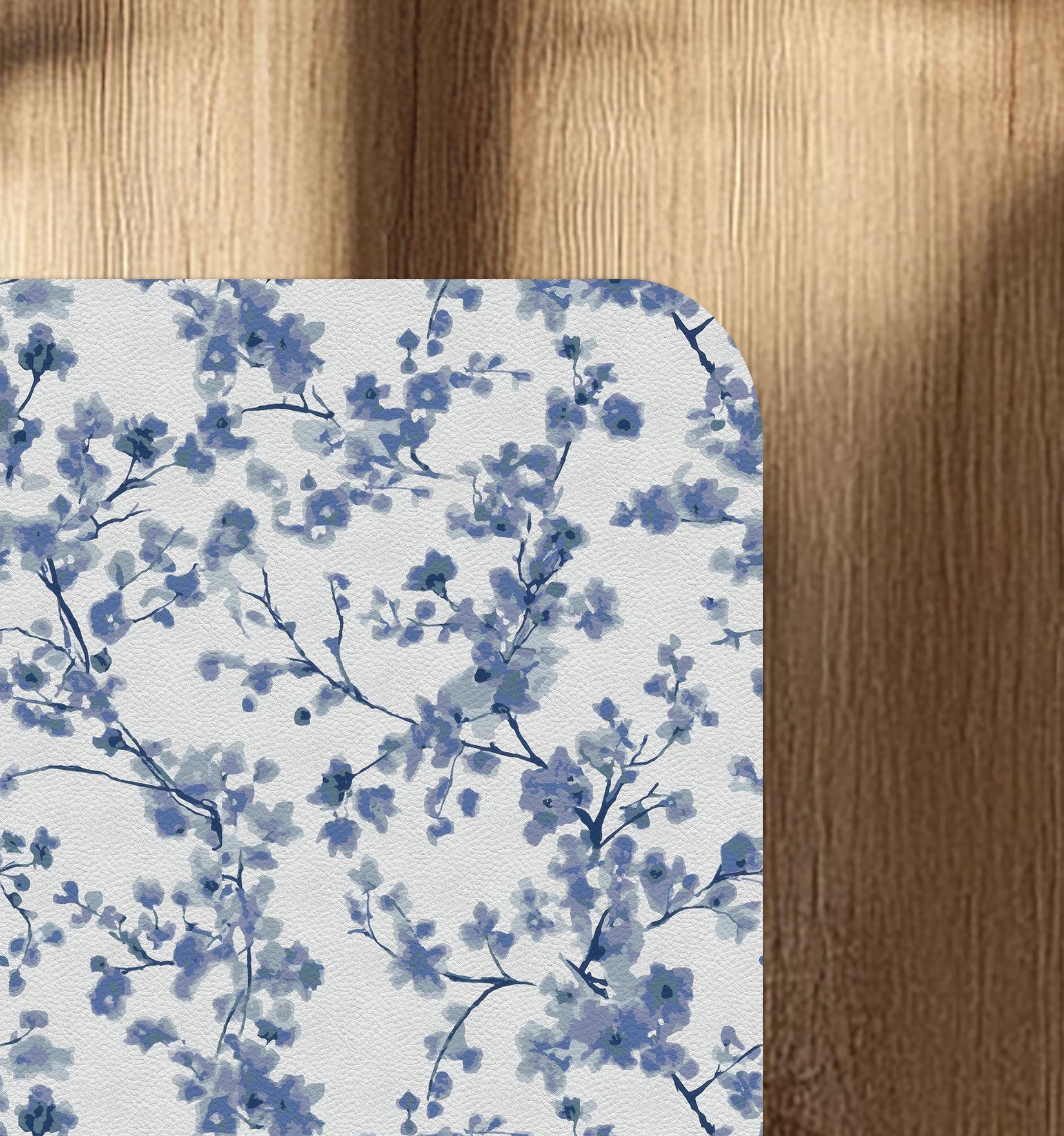 Decorative blue cherry blossom office chair mat under desk