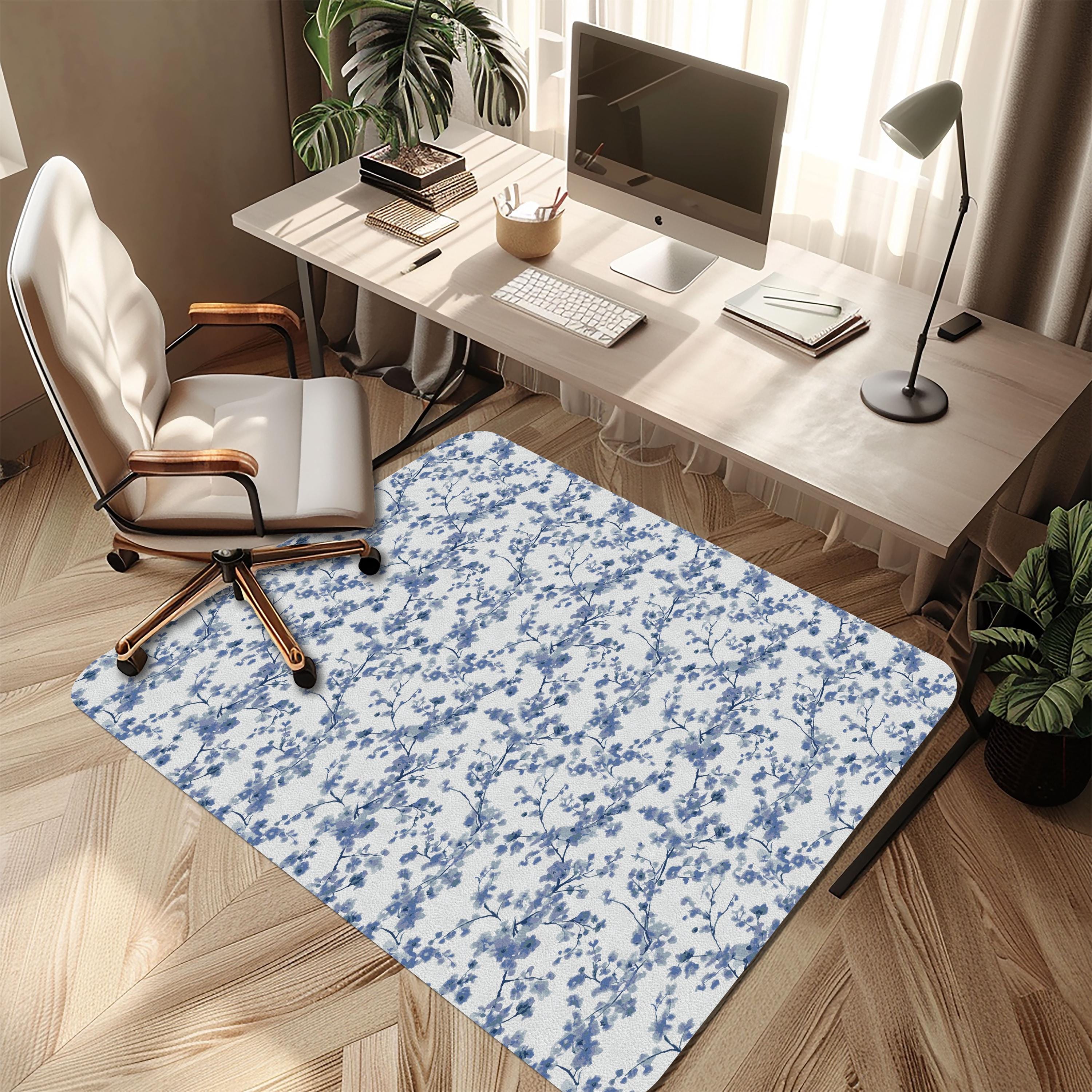 Wipeable office chair mat floor protector with blue cherry blossom design