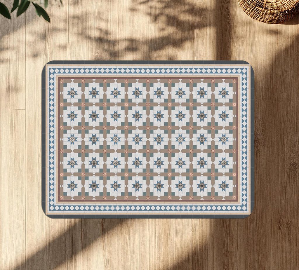 Wipeable office chair mat floor protector with victorian tile design