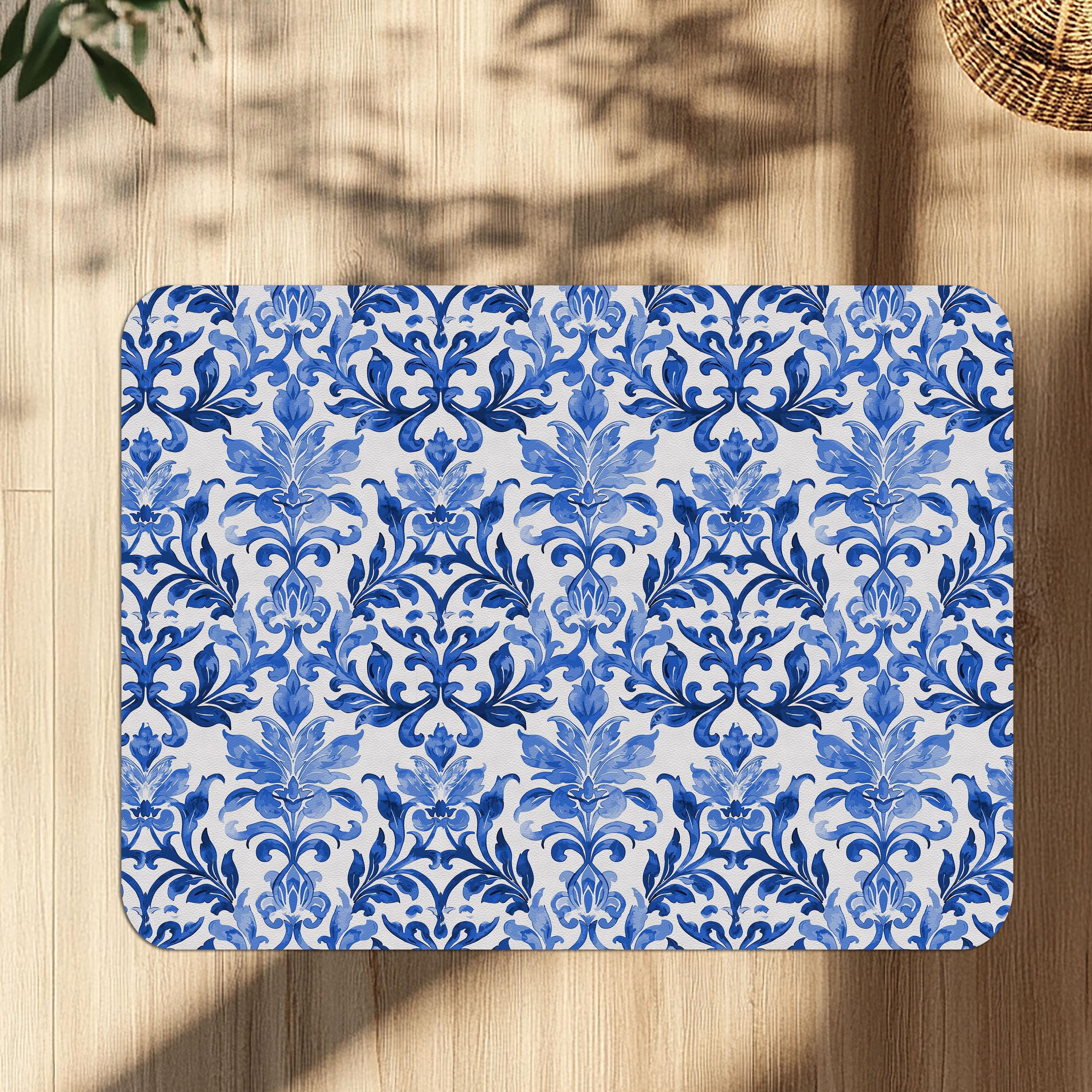 Decorative blue damask office chair mat under desk