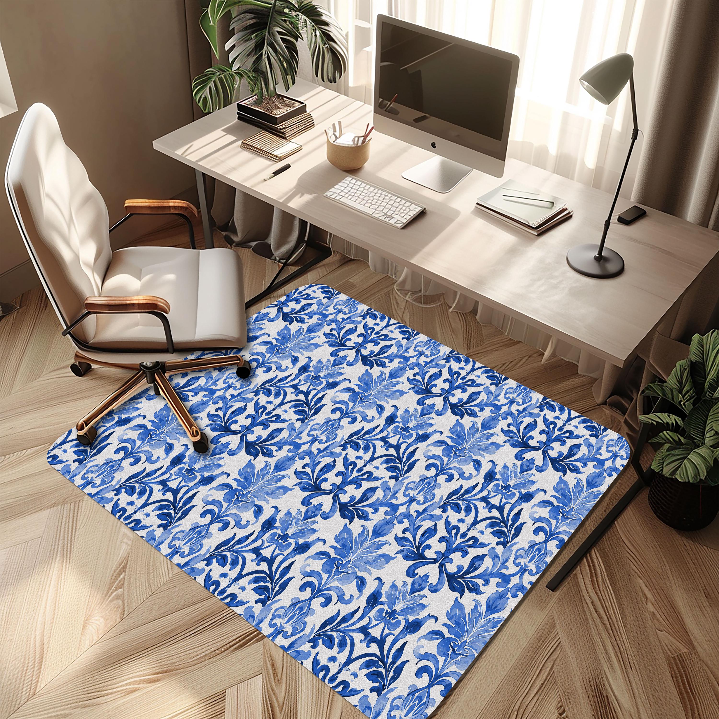 Wipeable office chair mat floor protector with blue damask design