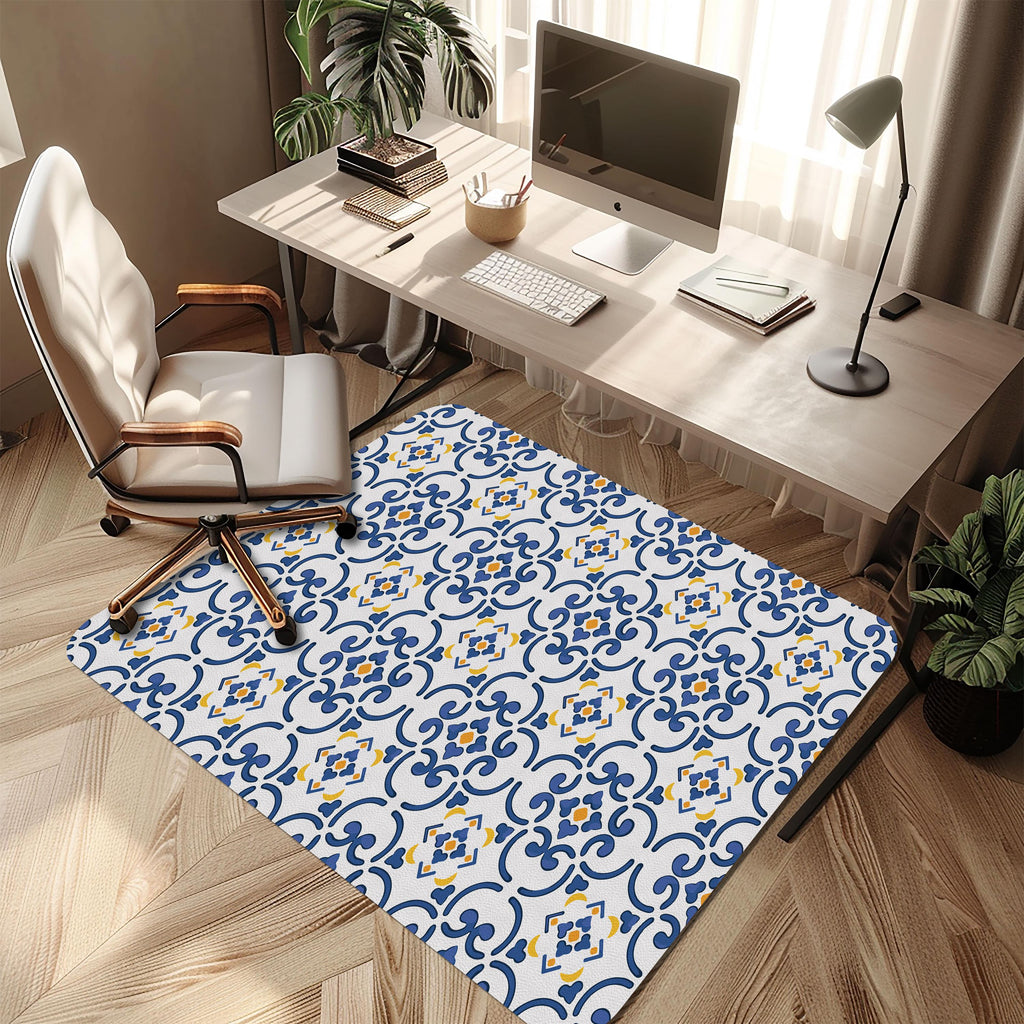 Wipeable office chair mat floor protector with mediterranean tile design