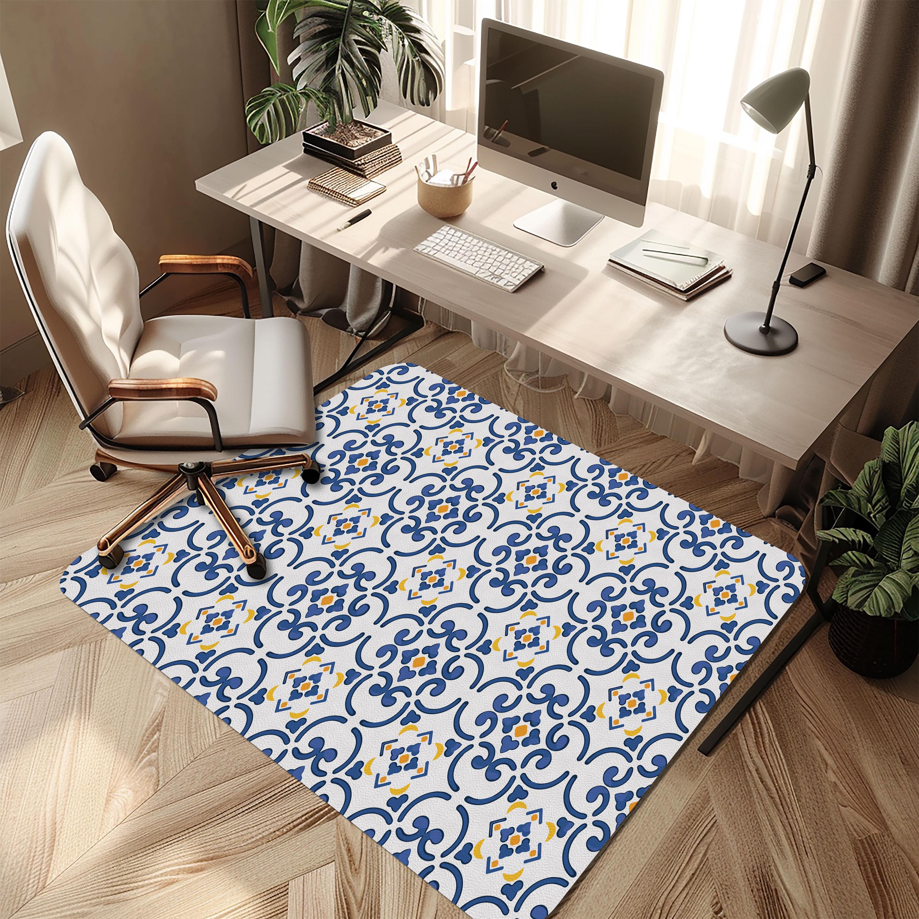 Wipeable office chair mat floor protector with mediterranean tile design