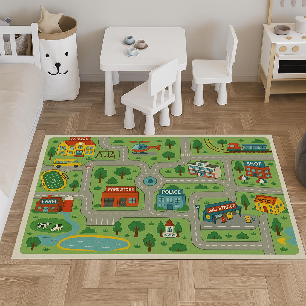 Easy-clean nursery play mat with kids road map design