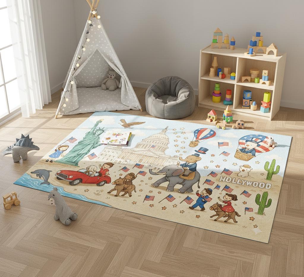 Easy-clean nursery play mat with adventure usa design