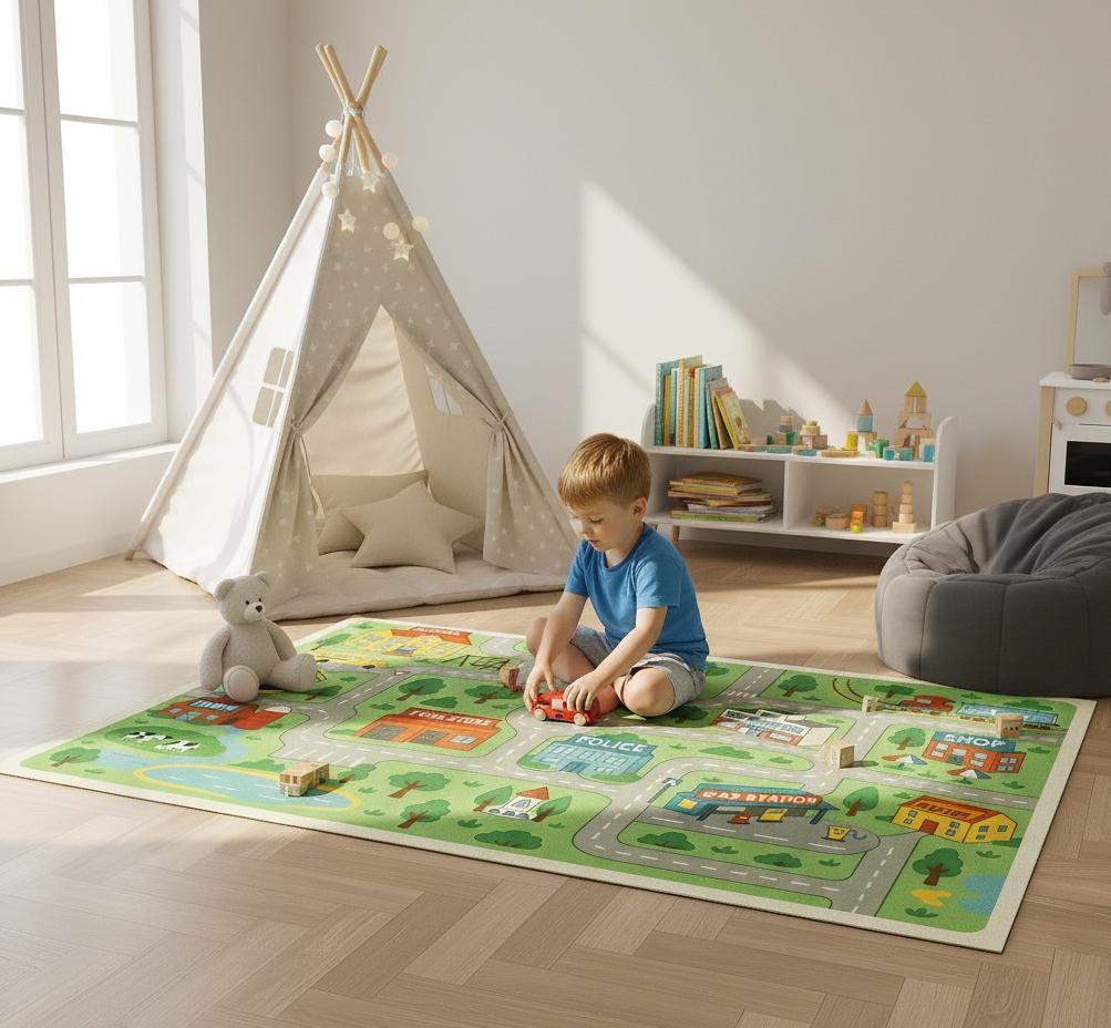 Kids Road Map Kids Play Mat – Nursery Floor Mat for nursery and kids room decor