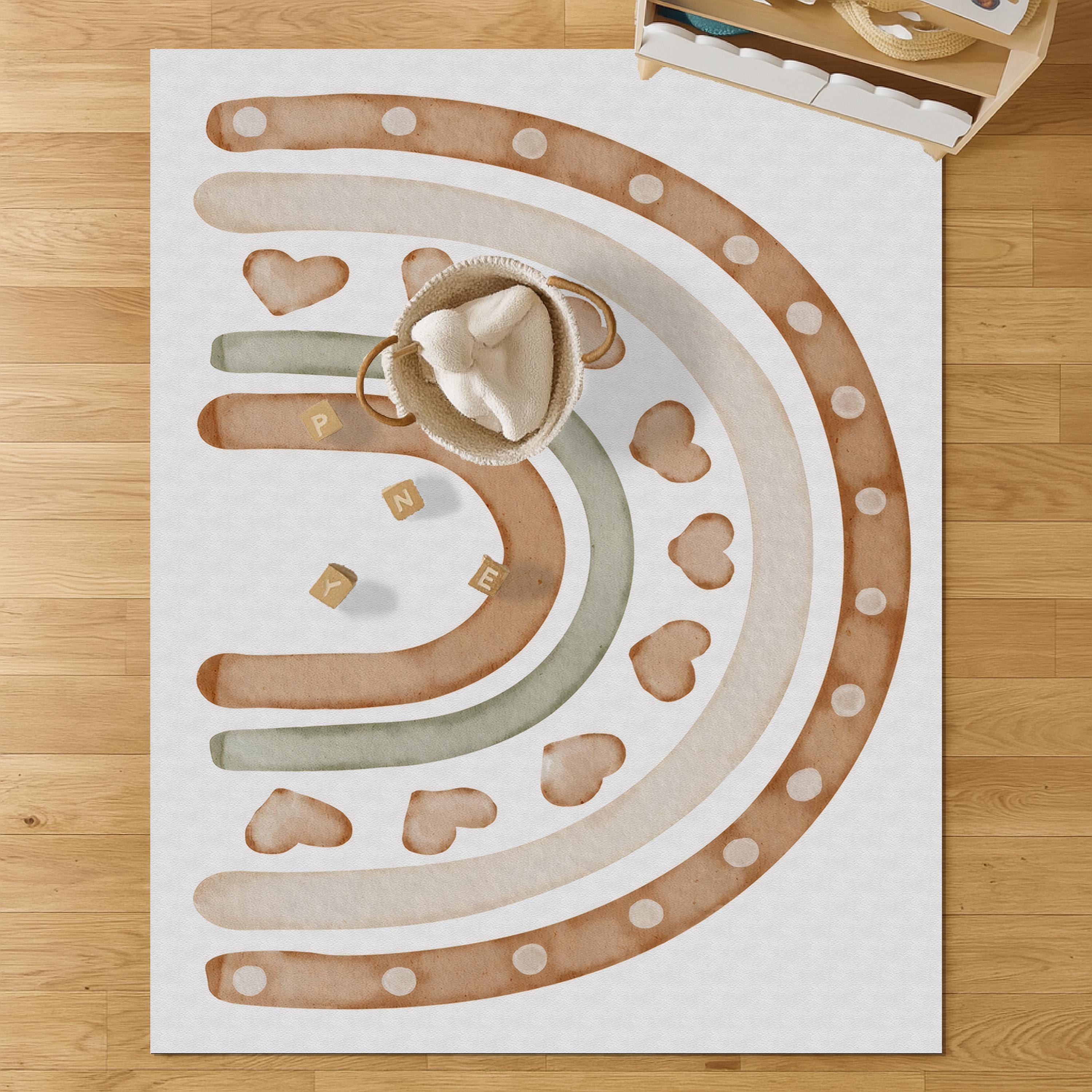 Easy-clean nursery play mat with boho rainbow design