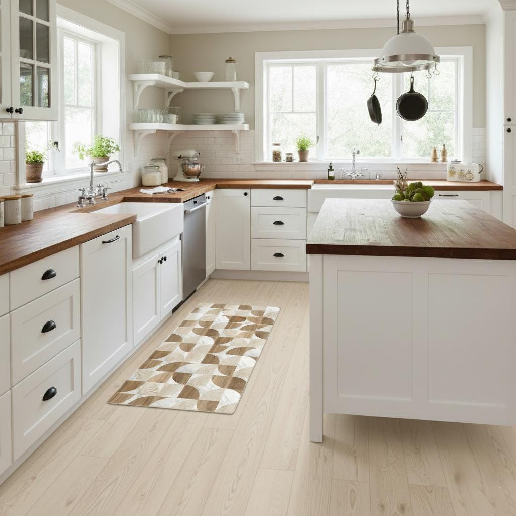 Wipeable non-slip kitchen runner with wood & marble cushioned design
