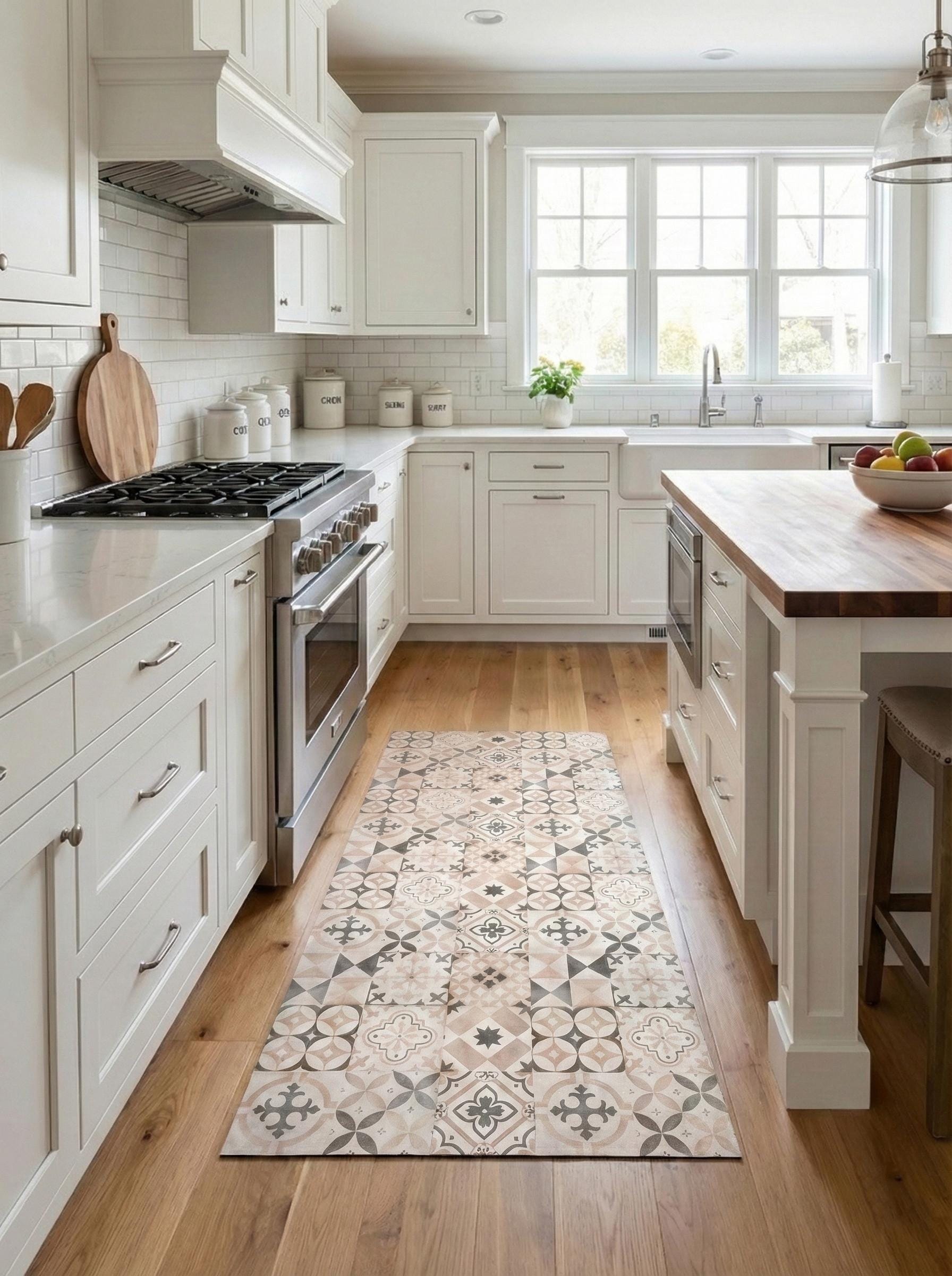 Beige Tile Kitchen Mat, Runner Rug, Non-Slip Area Rug