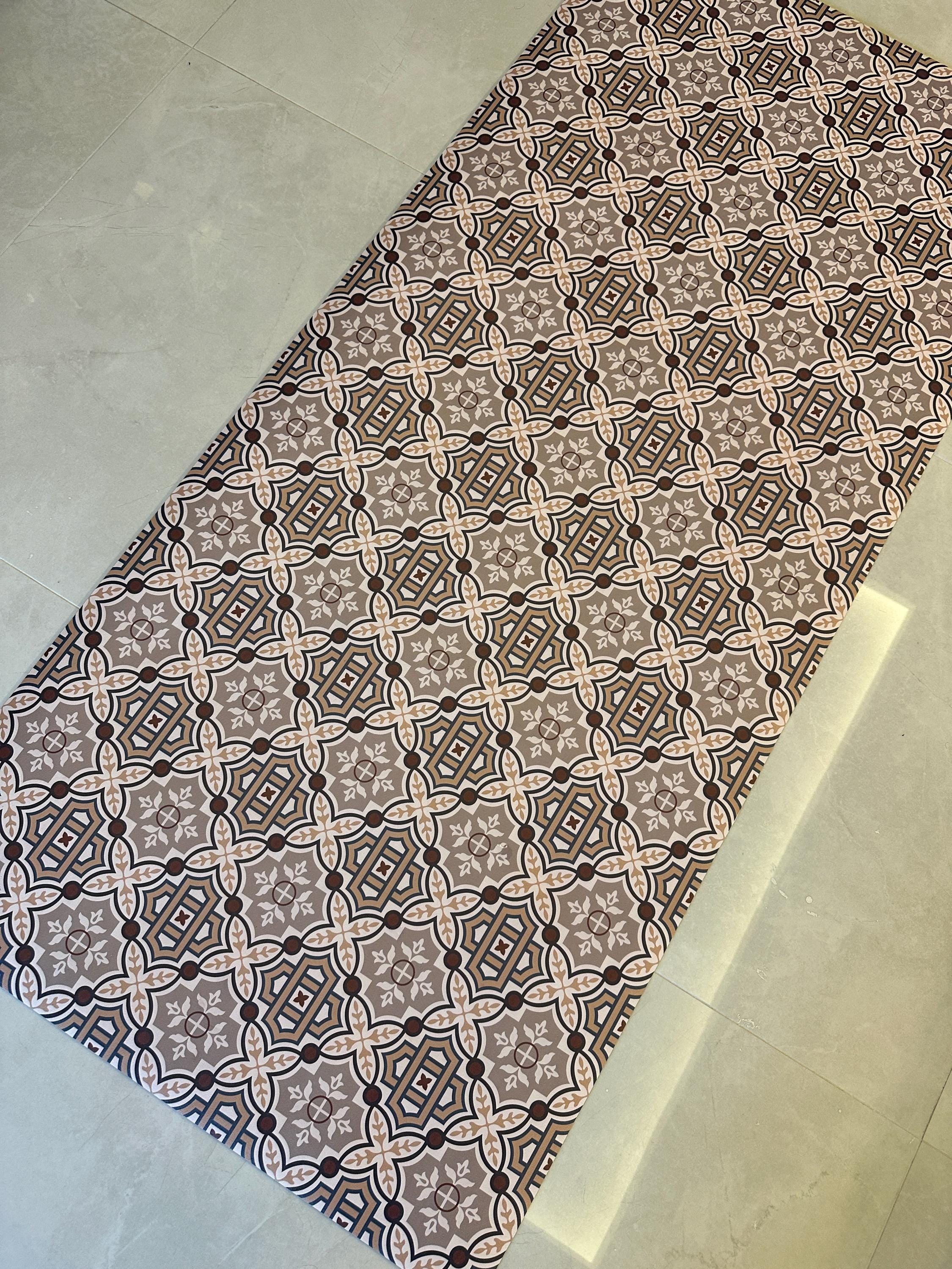 Brown Tile Kitchen Runner - Non-Slip Rug - Rustic Boho, Long Mat - Hallway and Entryway Rug
