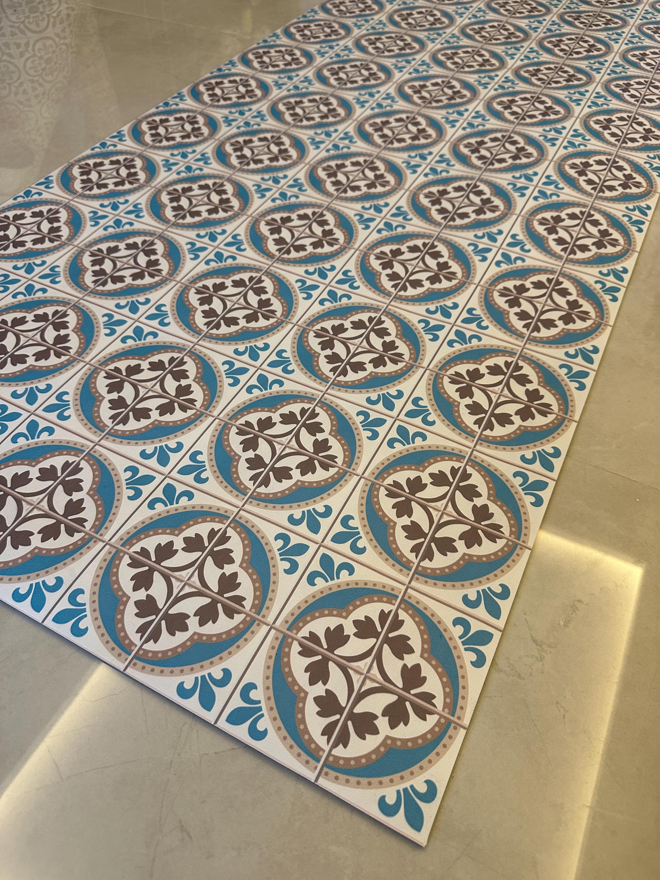 Spanish Blue Runner Rug, Tile Kitchen Mat, Wipeable Floor Mat, Non Slip Hallway vinly