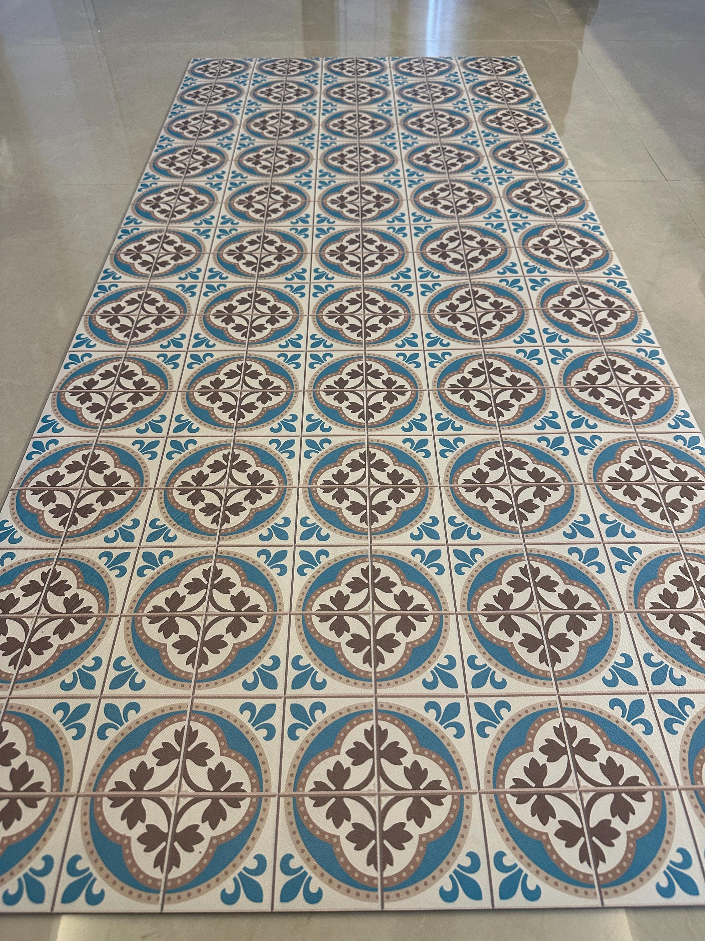 Blue Tile Mat, Kitchen Floor Protector, Wipeable Floor Rug, Non Slip Hallway vinly