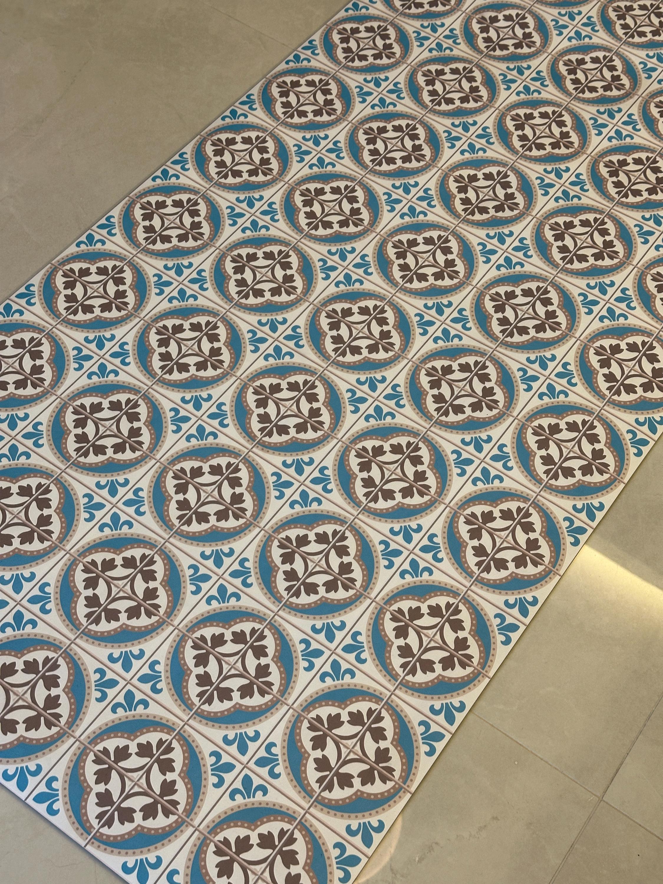 Spanish Blue Runner Rug, Tile Kitchen Mat, Wipeable Floor Mat, Non Slip Hallway vinly