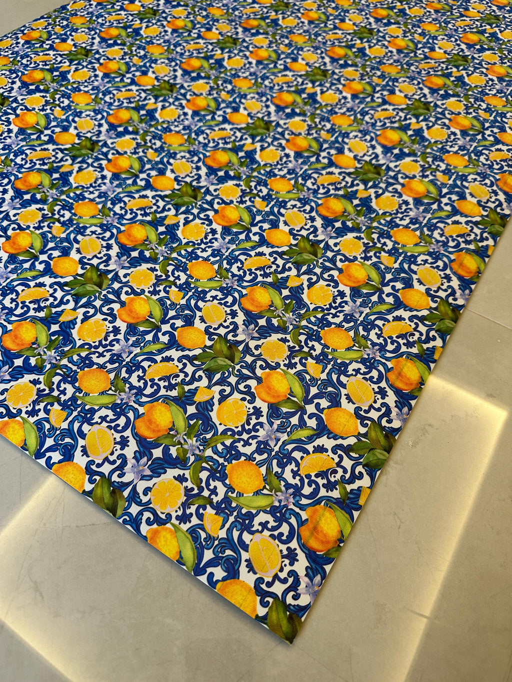Lemon Kitchen Runner, Wipeable Vinyl Mat, Mediterranean Blue Tile Rug