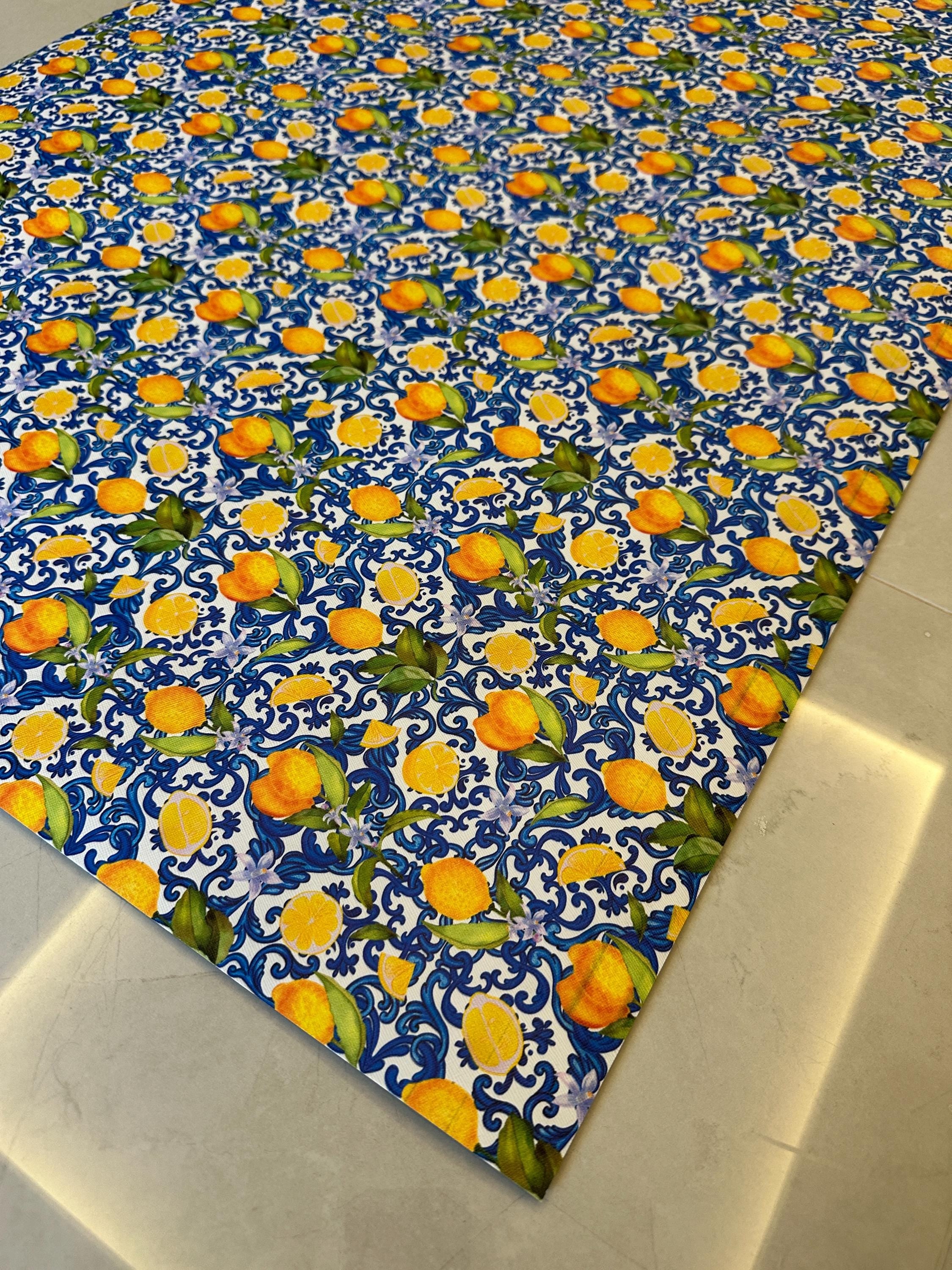 Lemon Kitchen Runner, Wipeable Vinyl Mat, Mediterranean Blue Tile Rug
