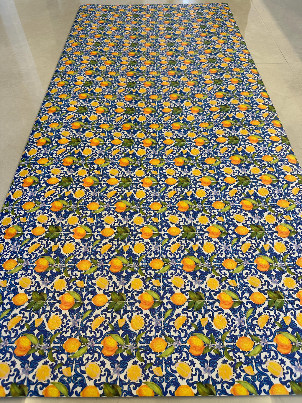 Lemon Kitchen Runner, Wipeable Vinyl Mat, Mediterranean Blue Tile Rug, Non Slip Floor Mat
