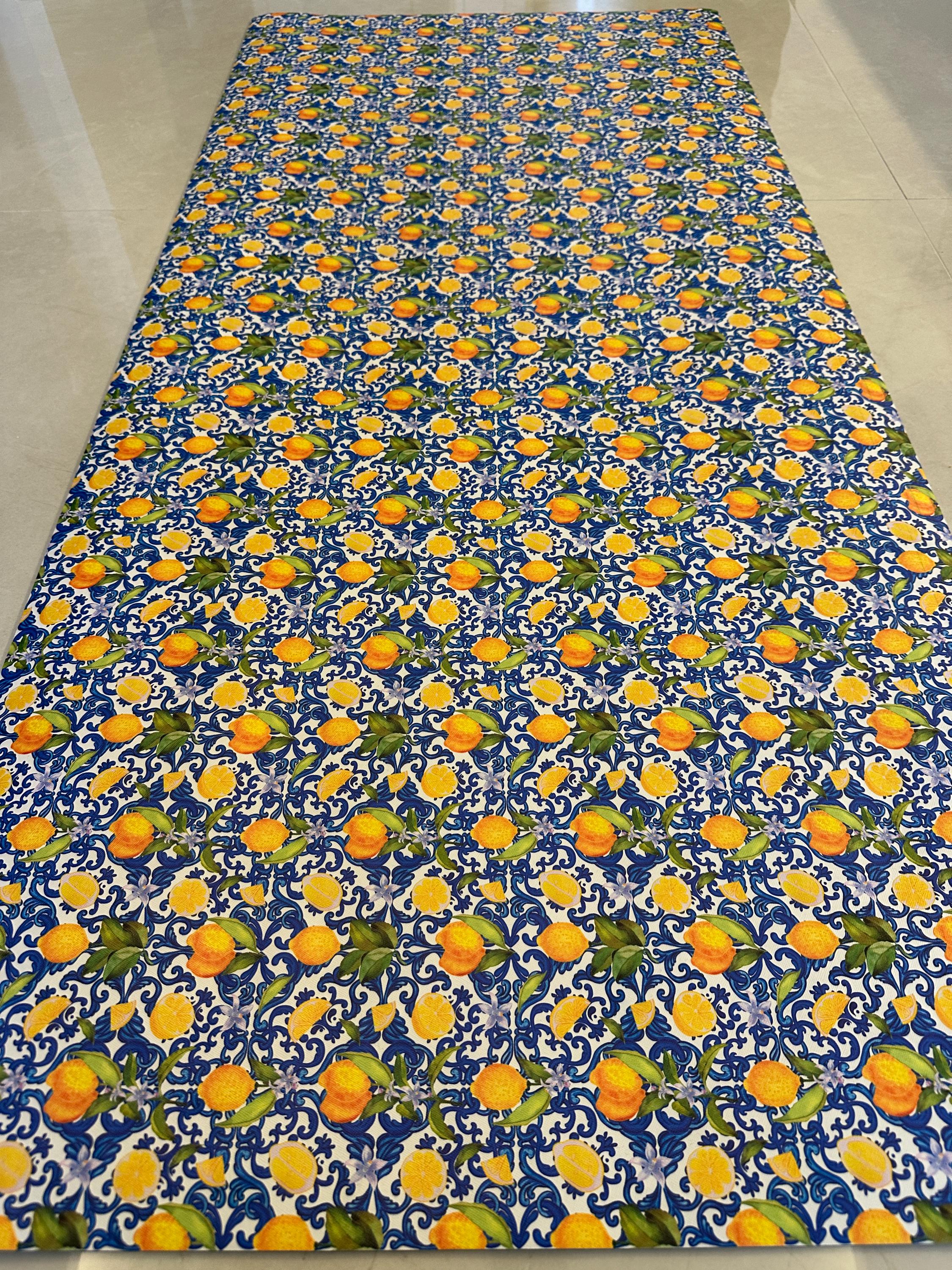 Lemon Kitchen Runner, Wipeable Vinyl Mat, Mediterranean Blue Tile Rug, Non Slip Floor Mat