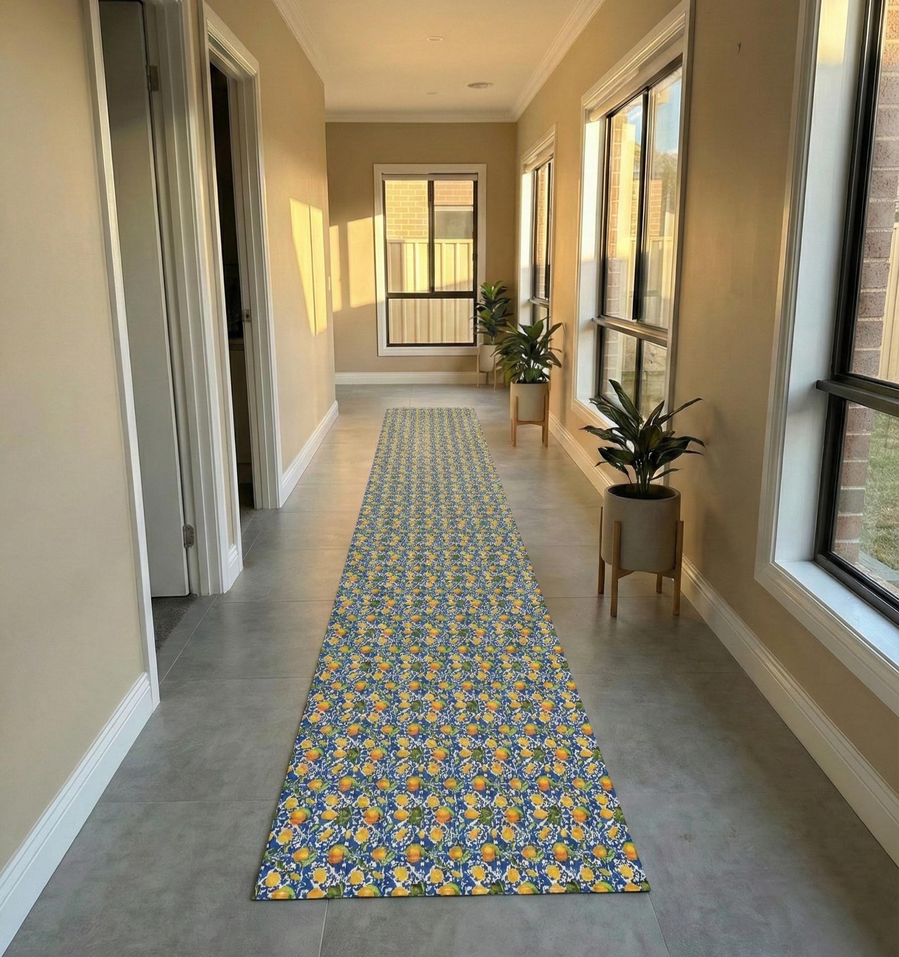 Lemon Kitchen Runner, Wipeable Vinyl Mat, Mediterranean Blue Tile Rug, Non Slip Floor Mat