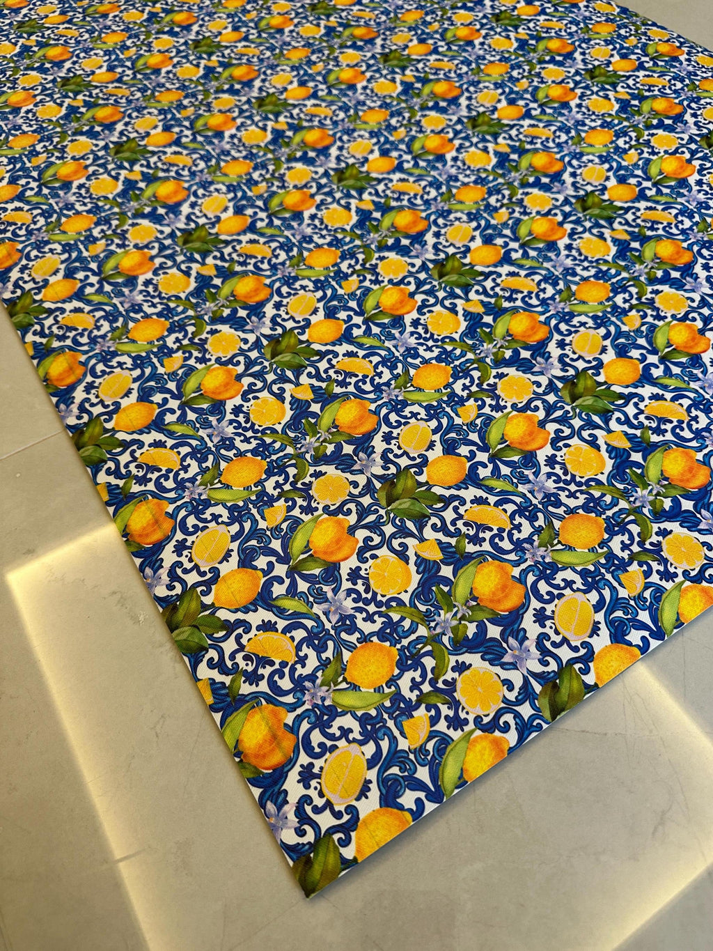 Lemon Kitchen Runner, Wipeable Vinyl Mat, Mediterranean Blue Tile Rug, Non Slip Floor Mat