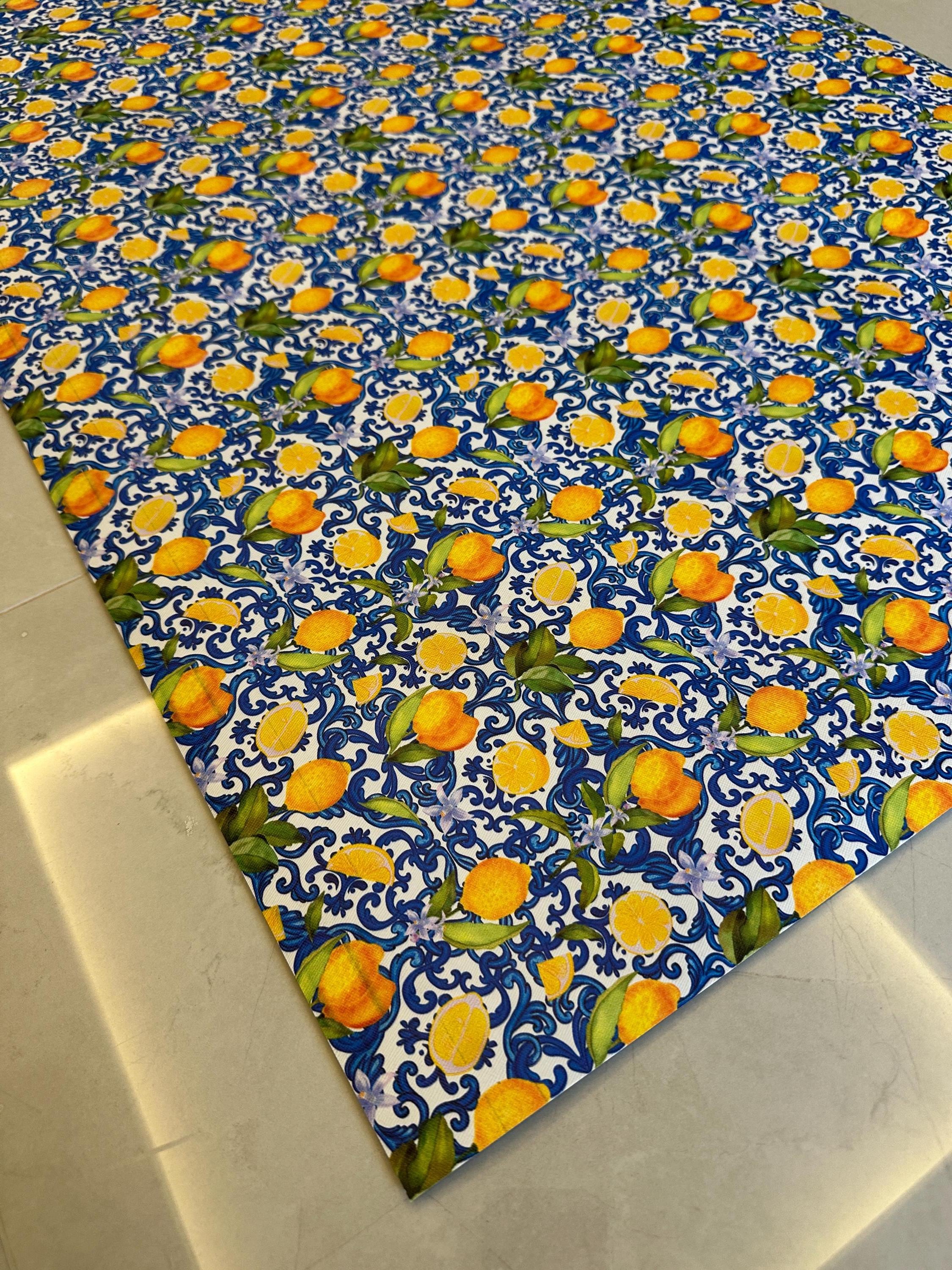 Lemon Kitchen Runner, Wipeable Vinyl Mat, Mediterranean Blue Tile Rug, Non Slip Floor Mat
