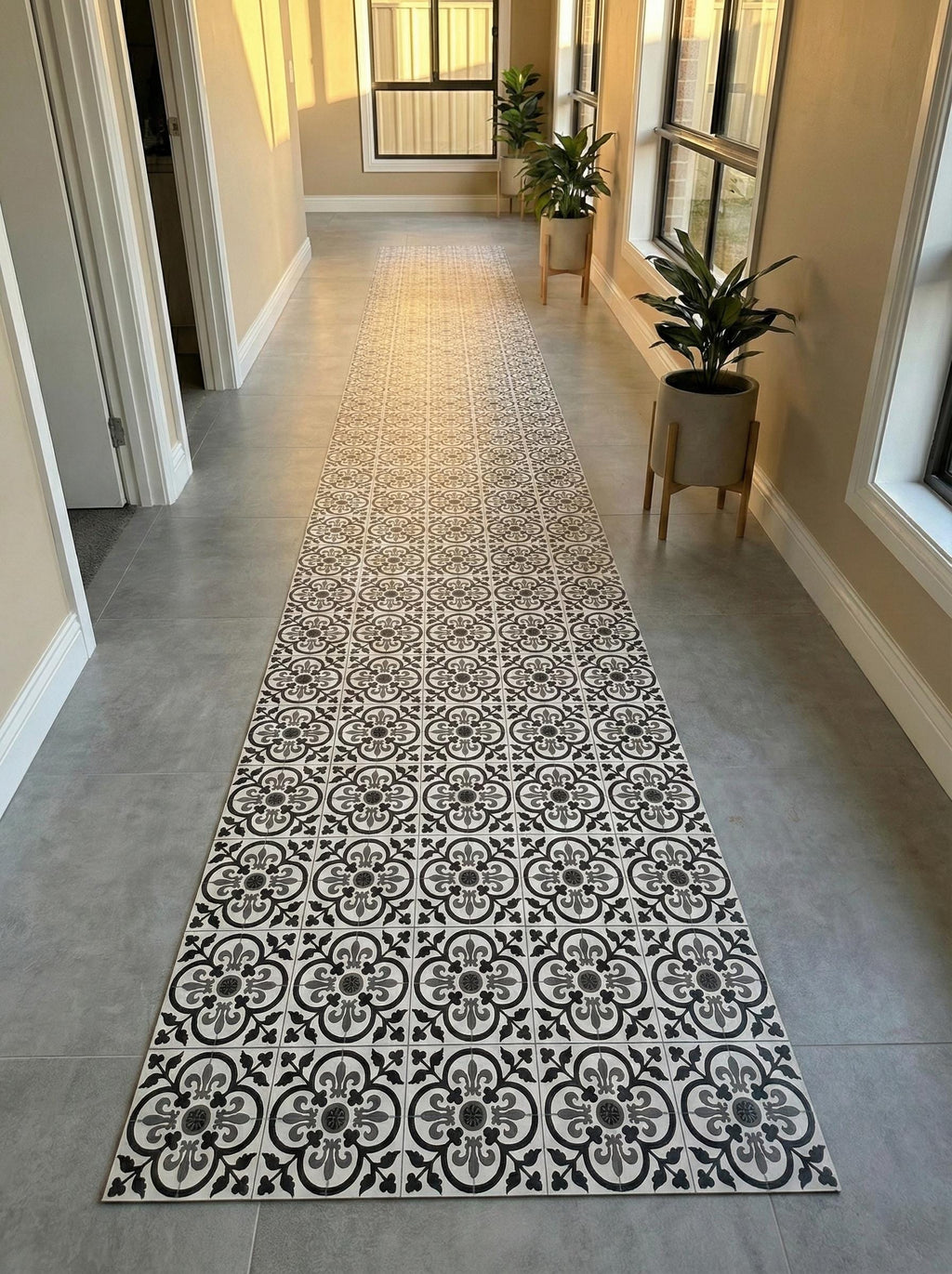 Kitchen Runner, Wipeable Floor Mat, Black Gray Tile Rug