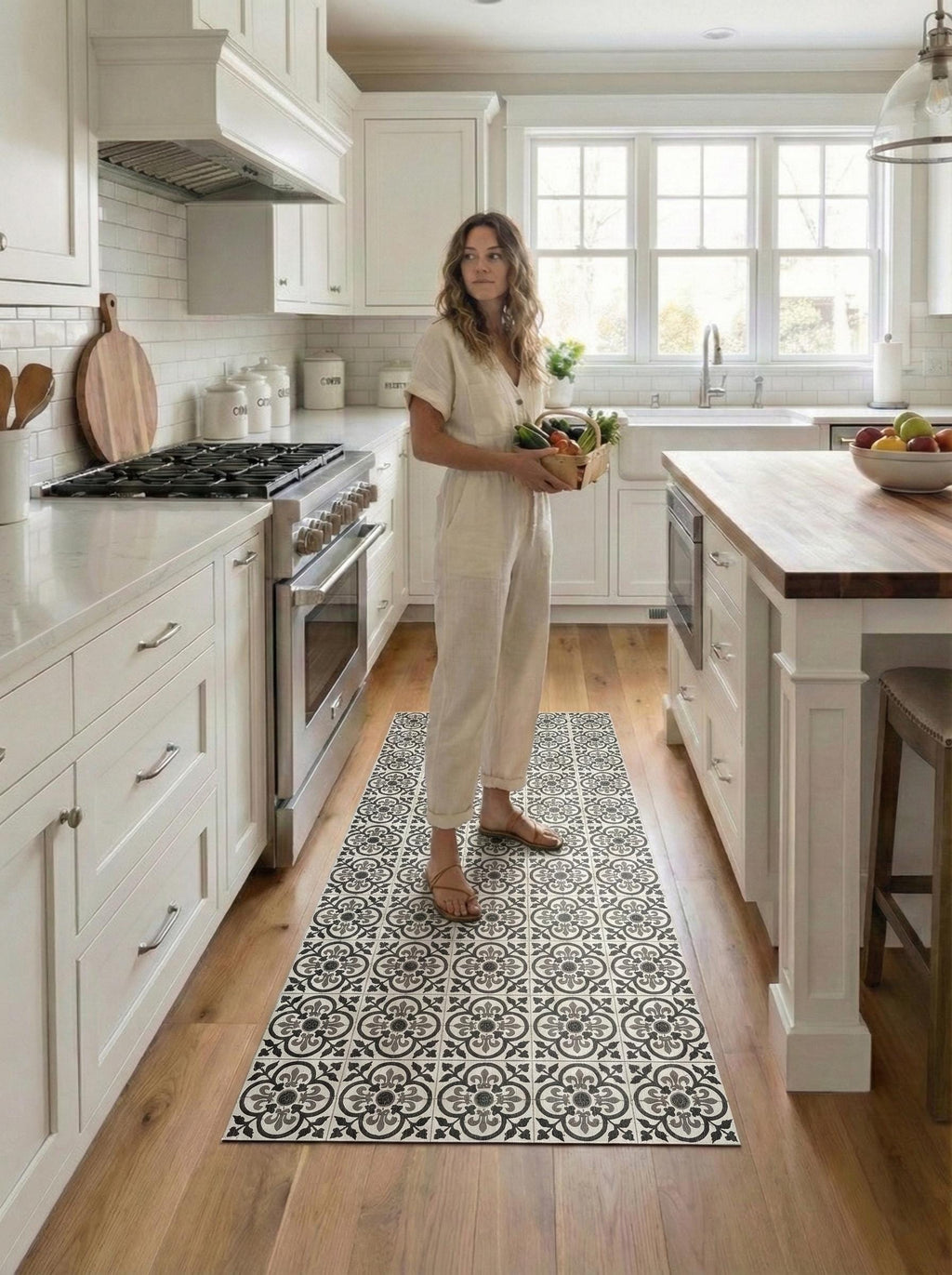 Kitchen Runner, Wipeable Floor Mat, Black Gray Tile Rug