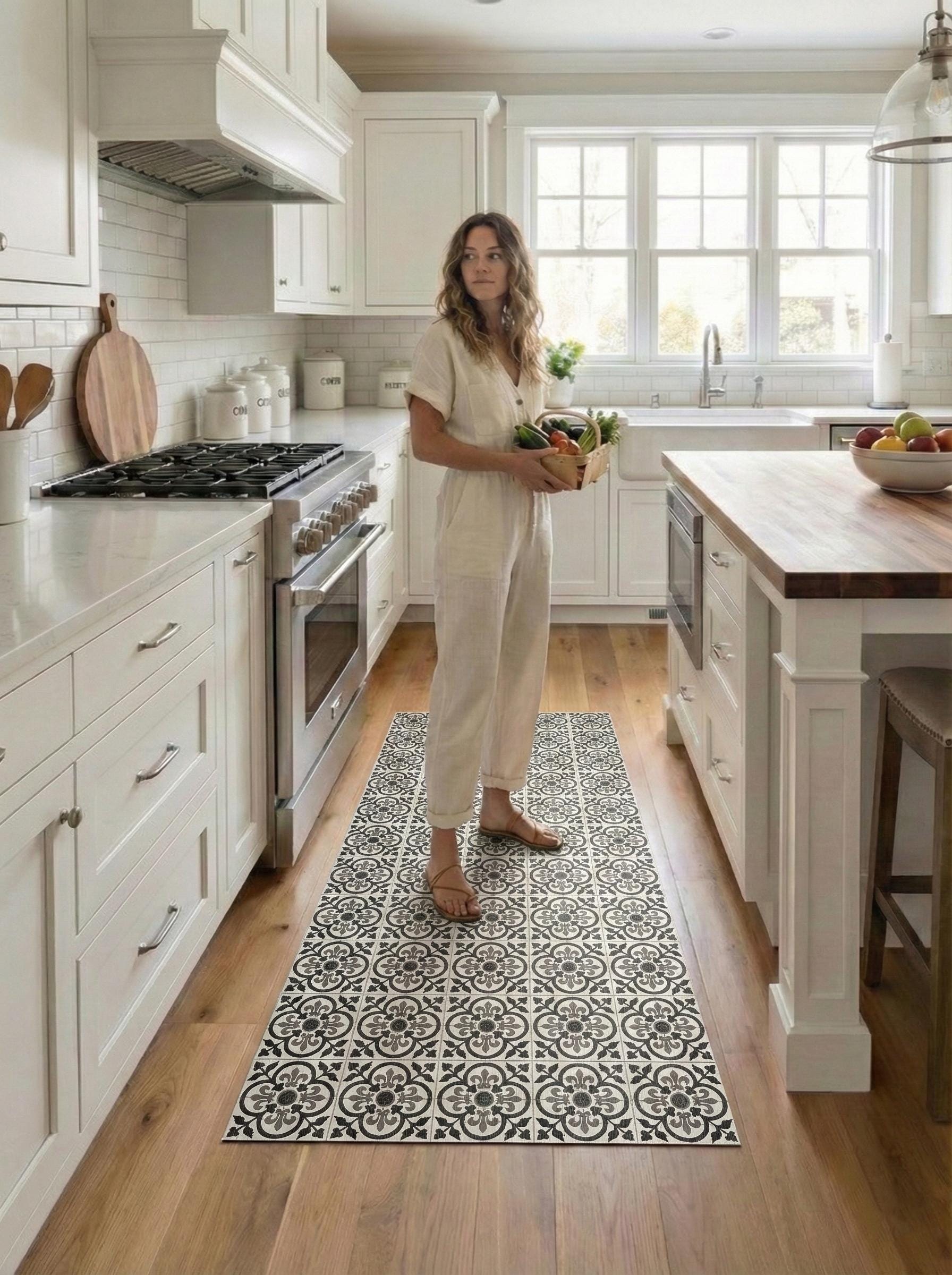 Kitchen Runner, Wipeable Floor Mat, Black Gray Tile Rug