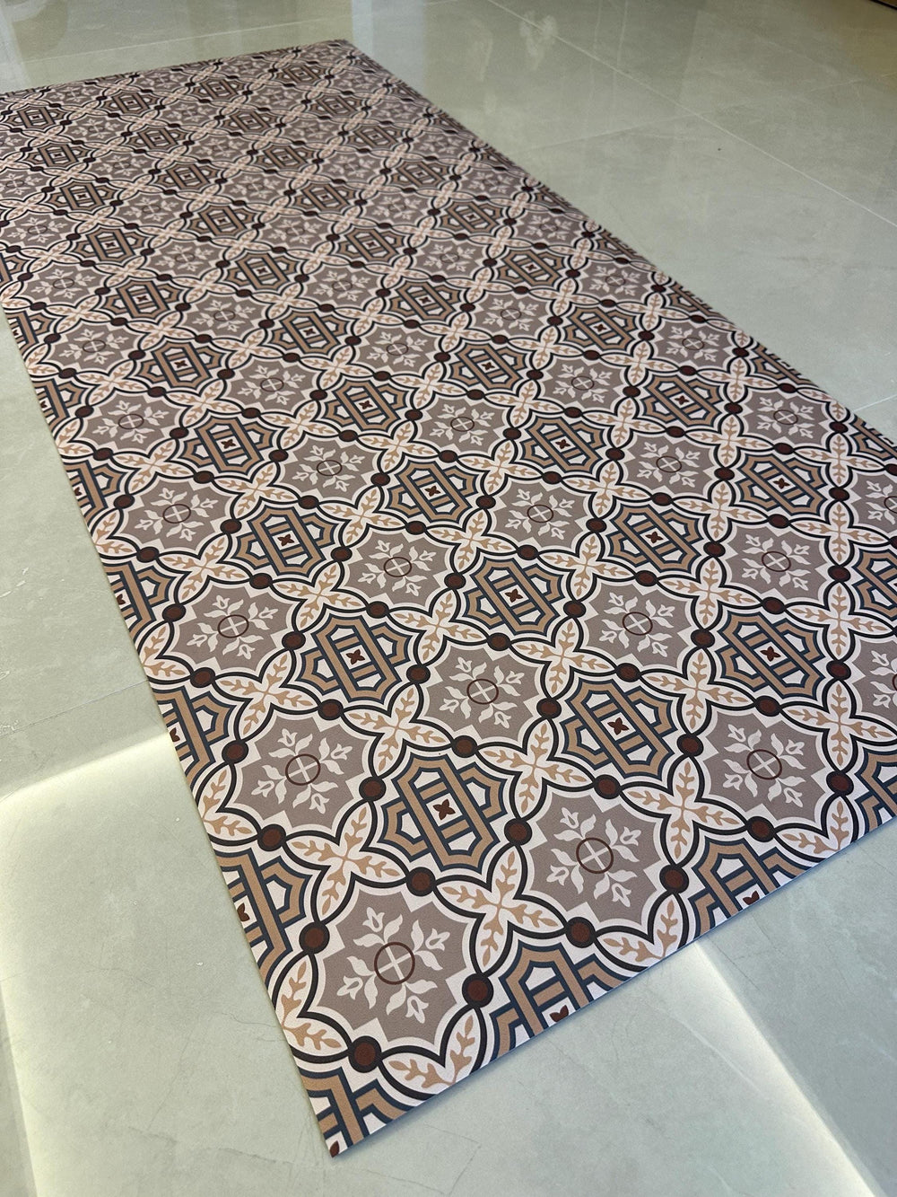 Brown Tile Kitchen Runner - Non-Slip Rug - Rustic Boho, Long Mat - Hallway and Entryway Rug