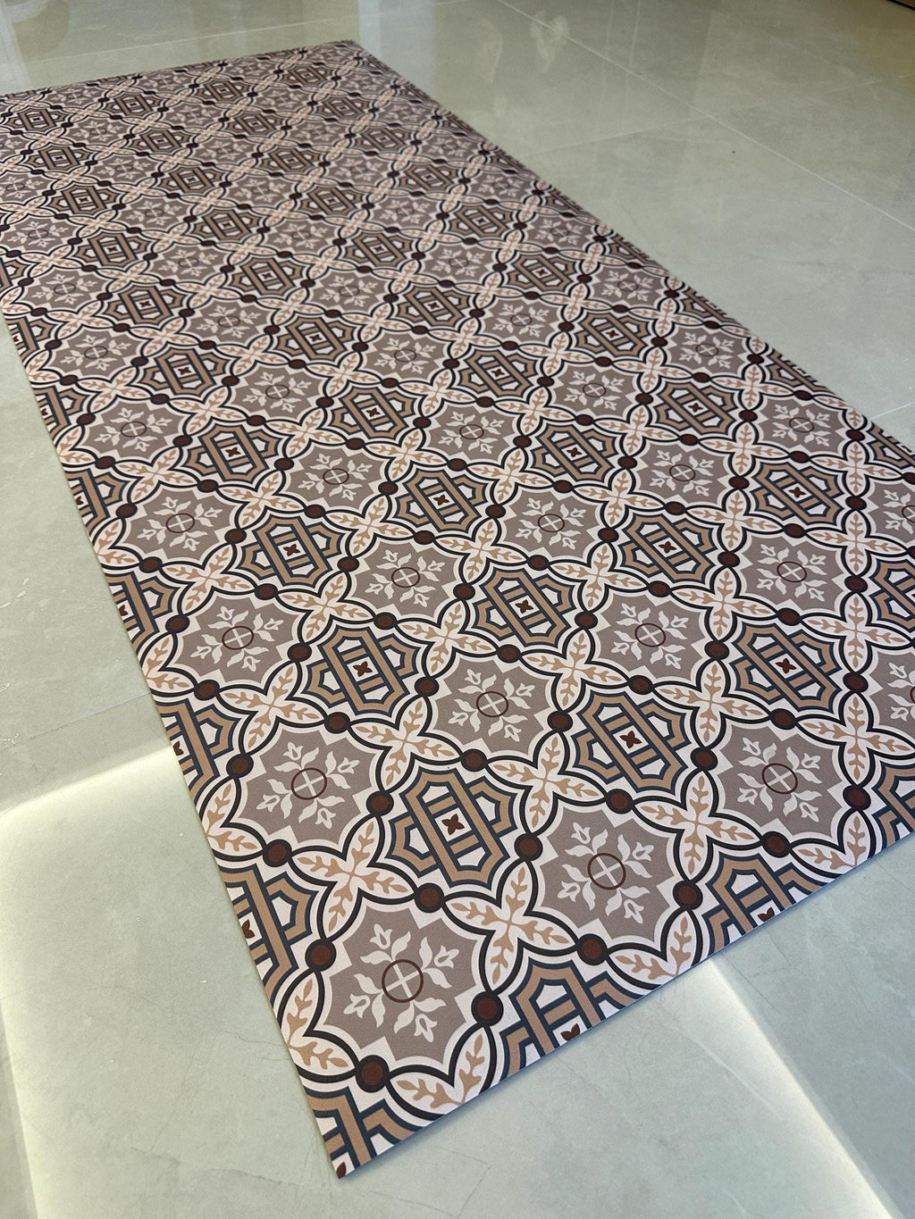 Brown Tile Kitchen Runner - Non-Slip Rug - Rustic Boho, Long Mat - Hallway and Entryway Rug