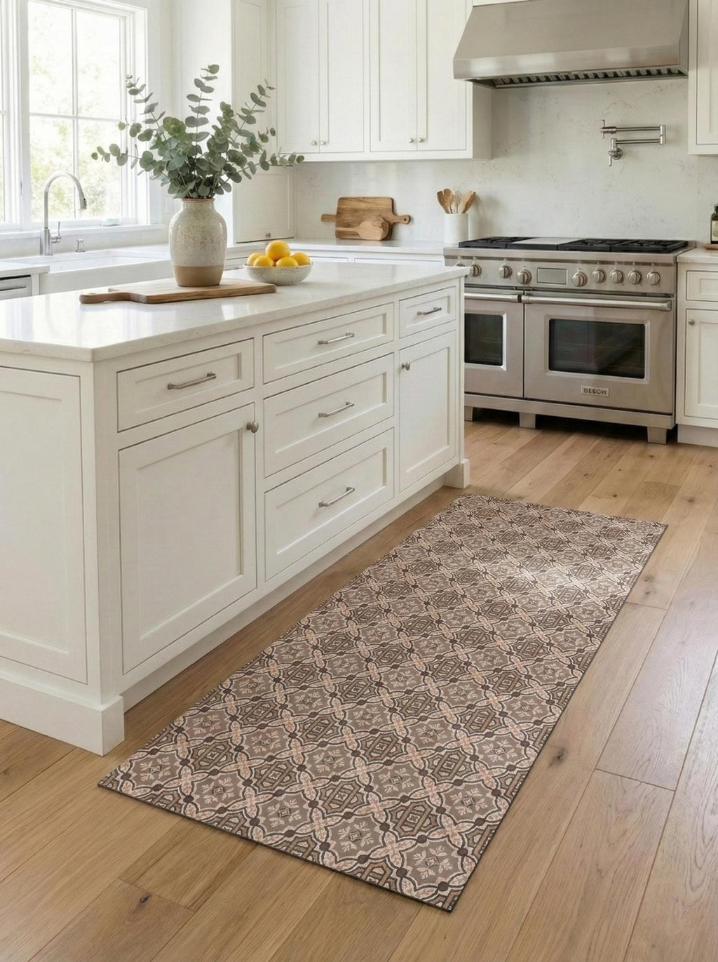 Brown Tile Kitchen Runner - Non-Slip Rug - Rustic Boho, Long Mat - Hallway and Entryway Rug