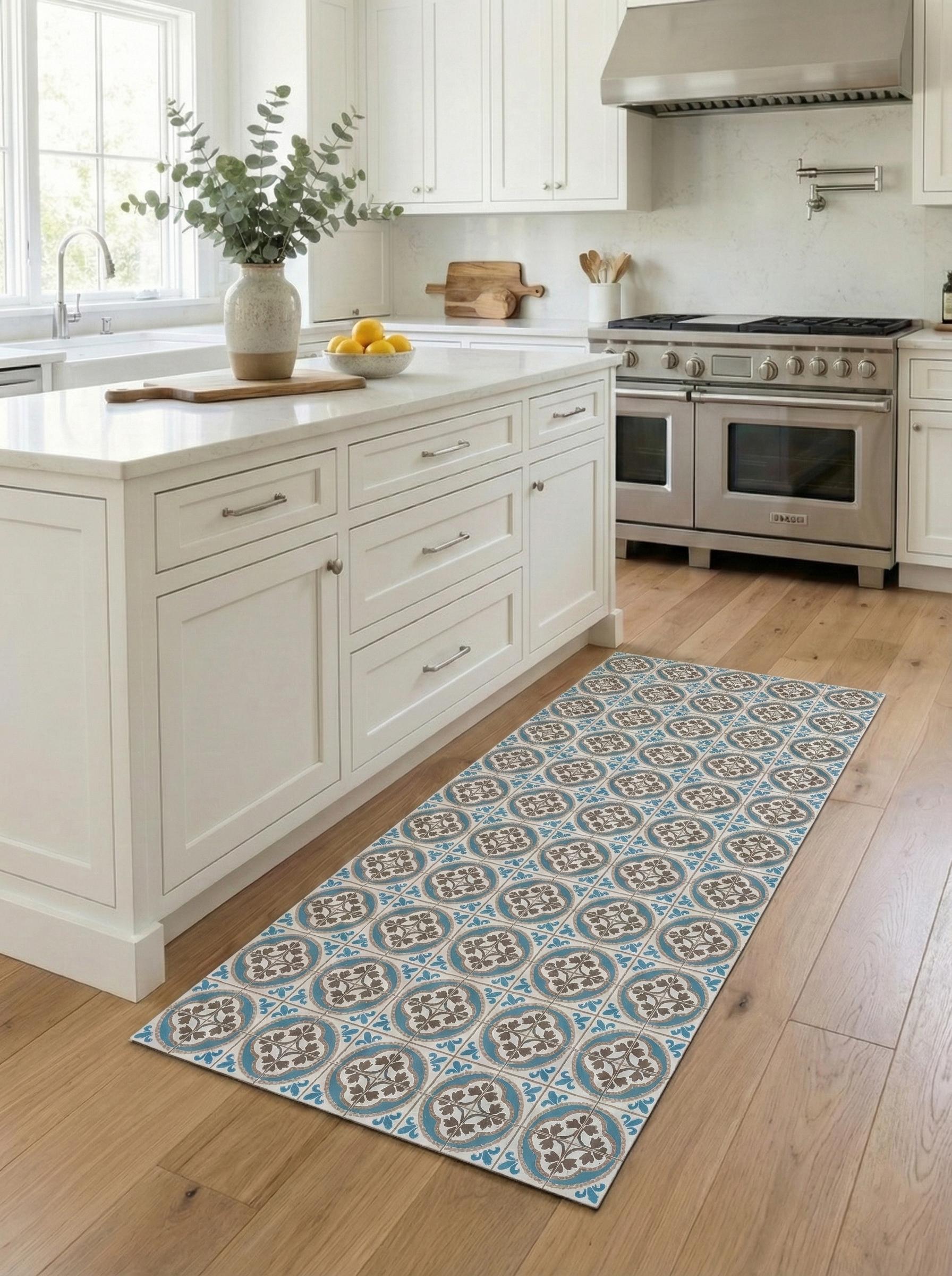 Blue Tile Mat, Kitchen Floor Protector, Wipeable Floor Rug, Non Slip Hallway vinly