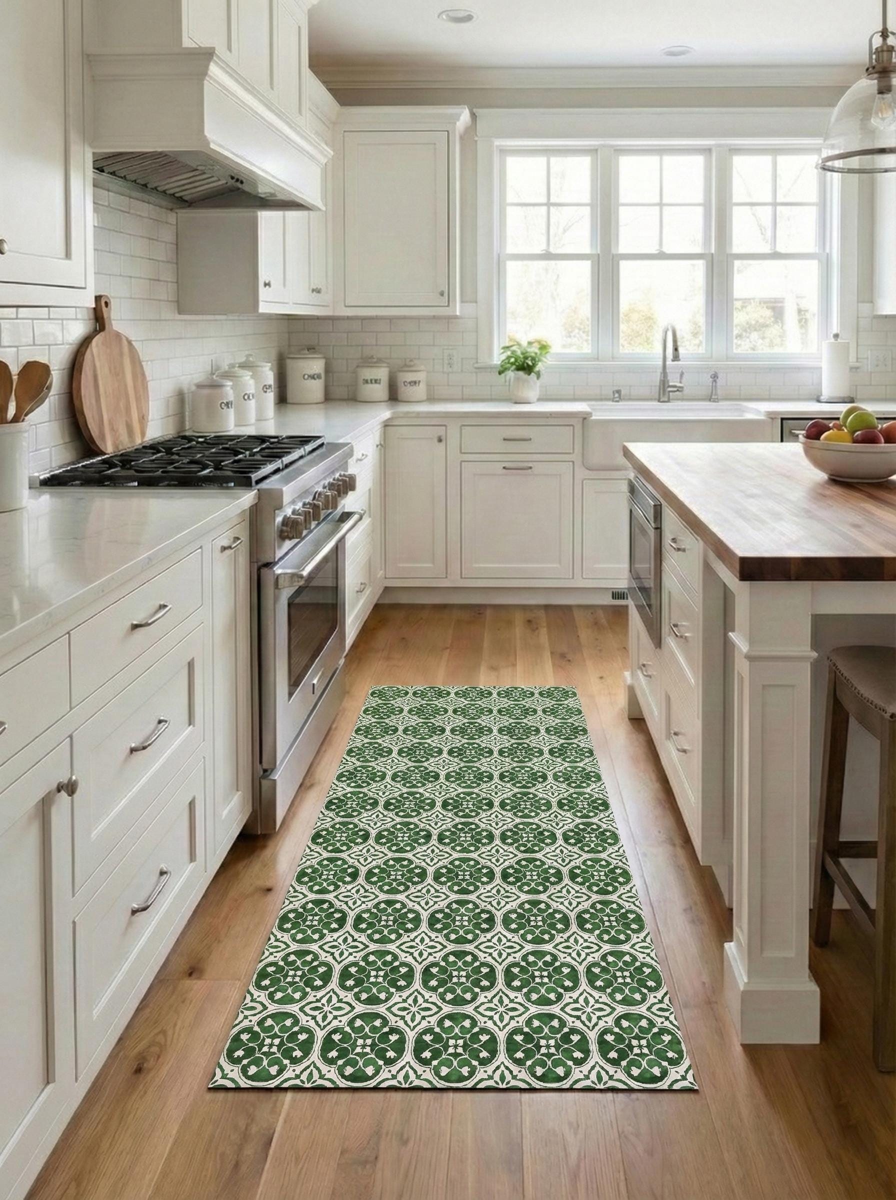 Green Tile Runner, Vintage Kitchen Mat, Floor Decor, Non-Slip Vinyl Runner, Hallway Rug