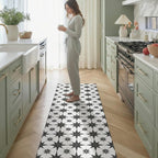 Black & White Star Tile Kitchen Runner – Wipeable Non-Slip Mat for kitchen sink and laundry room