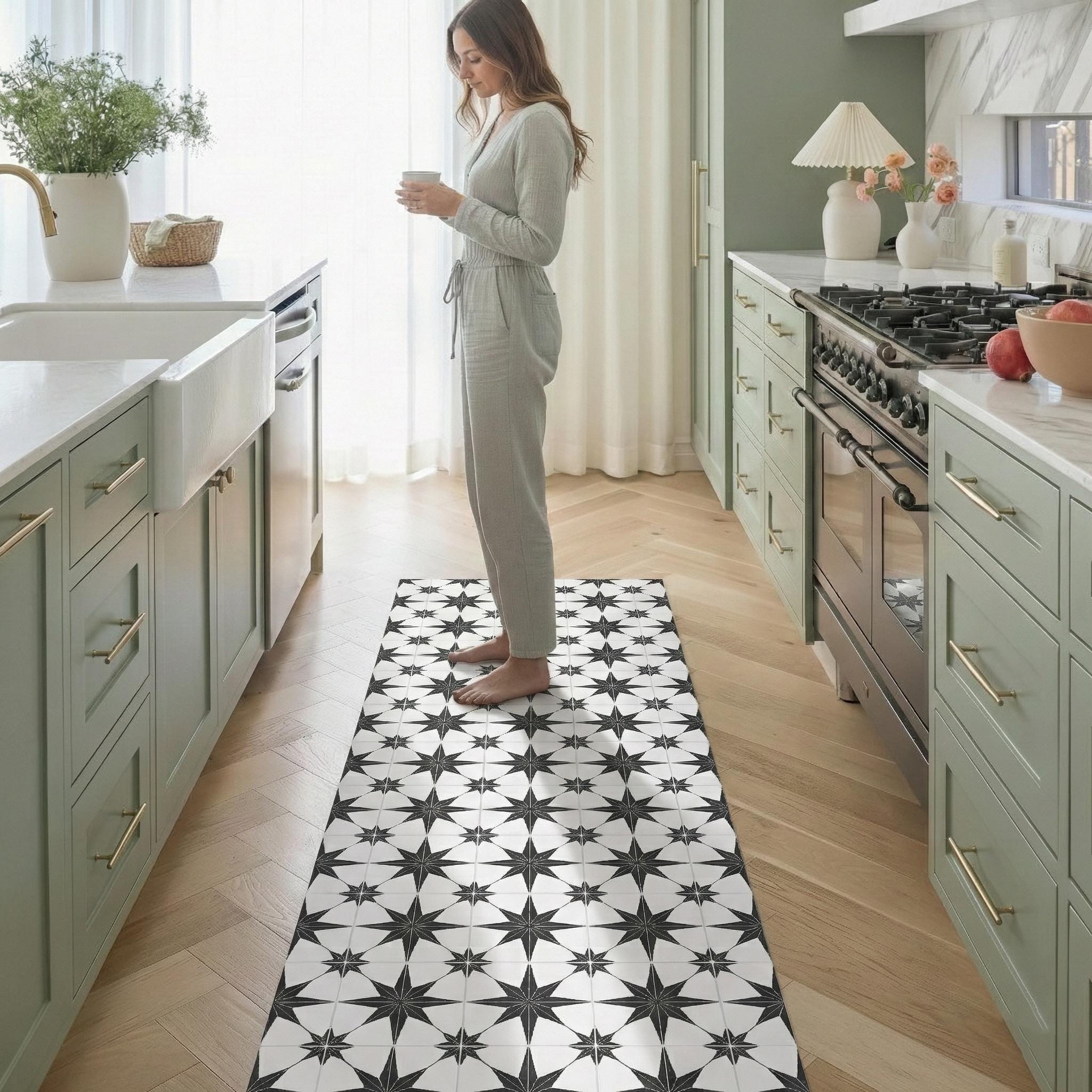 Black & White Star Tile Kitchen Runner – Wipeable Non-Slip Mat for kitchen sink and laundry room