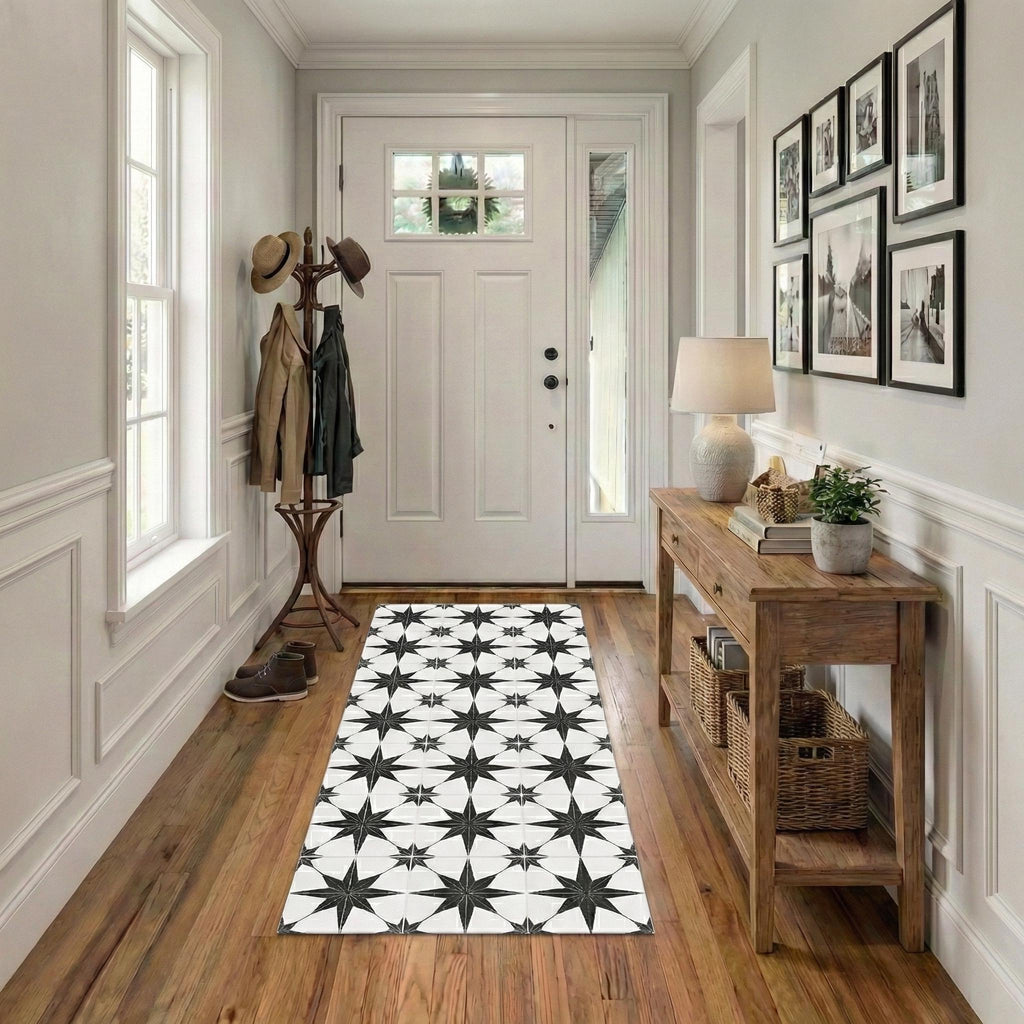 Wipeable non-slip kitchen runner with stars tile design