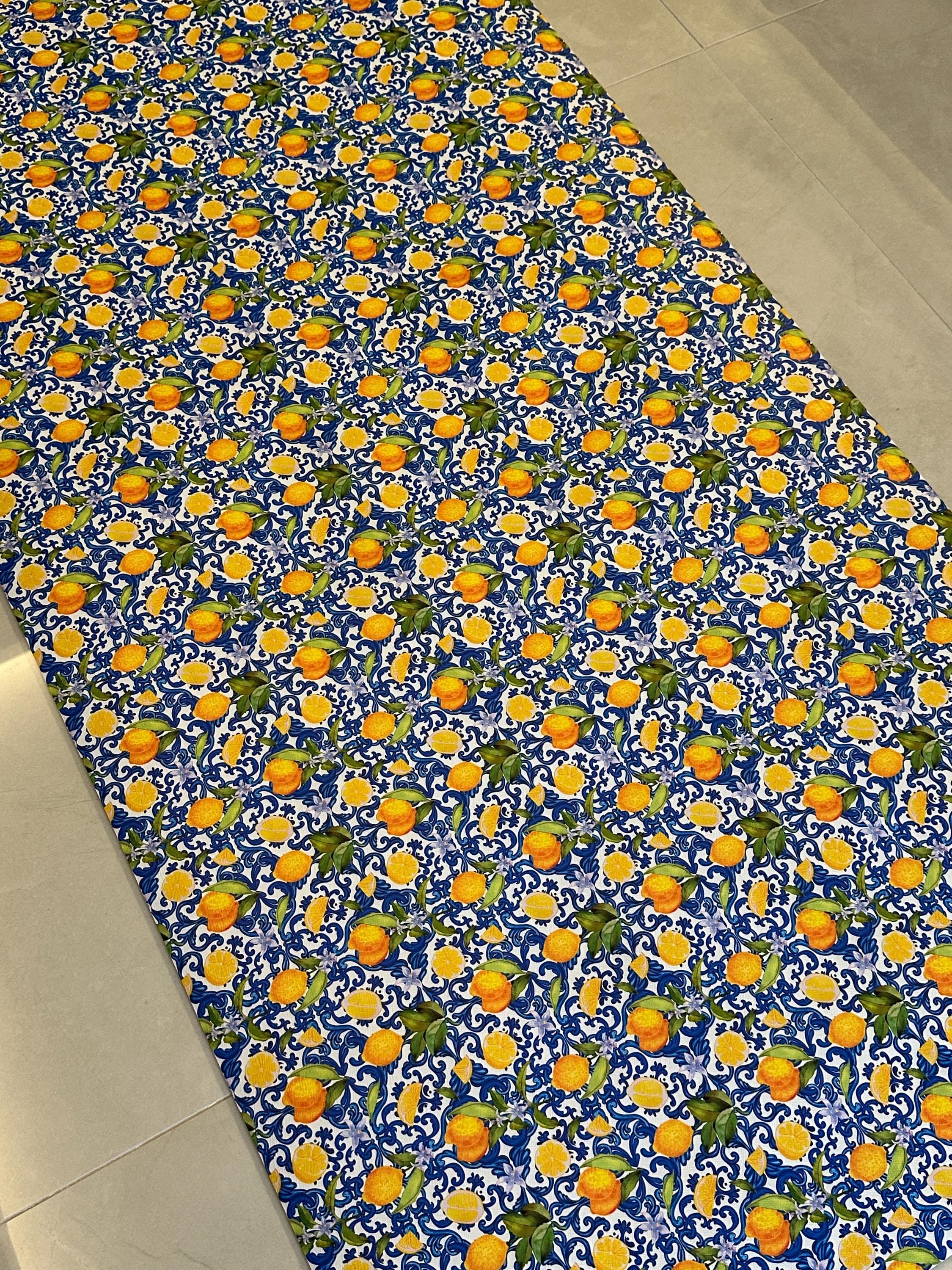 Lemon Kitchen Runner, Wipeable Vinyl Mat, Mediterranean Blue Tile Rug, Non Slip Floor Mat